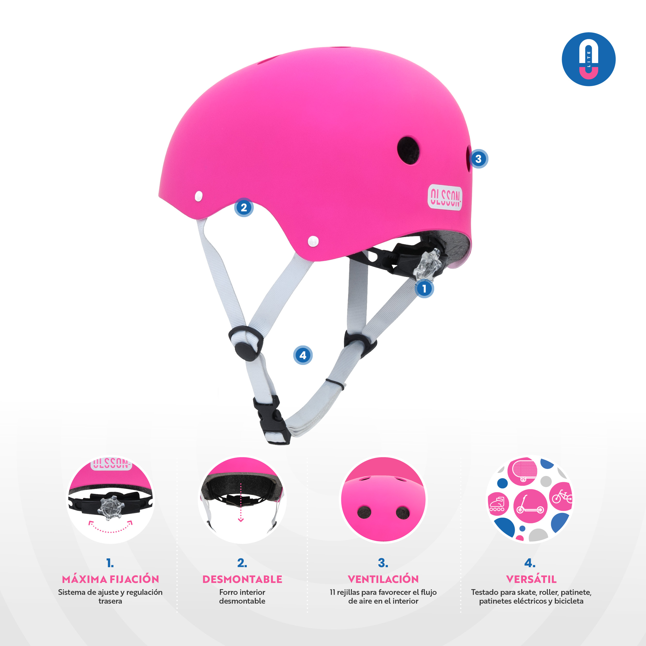 Casco Olsson rosa con correas blancas y detalles de sus características.