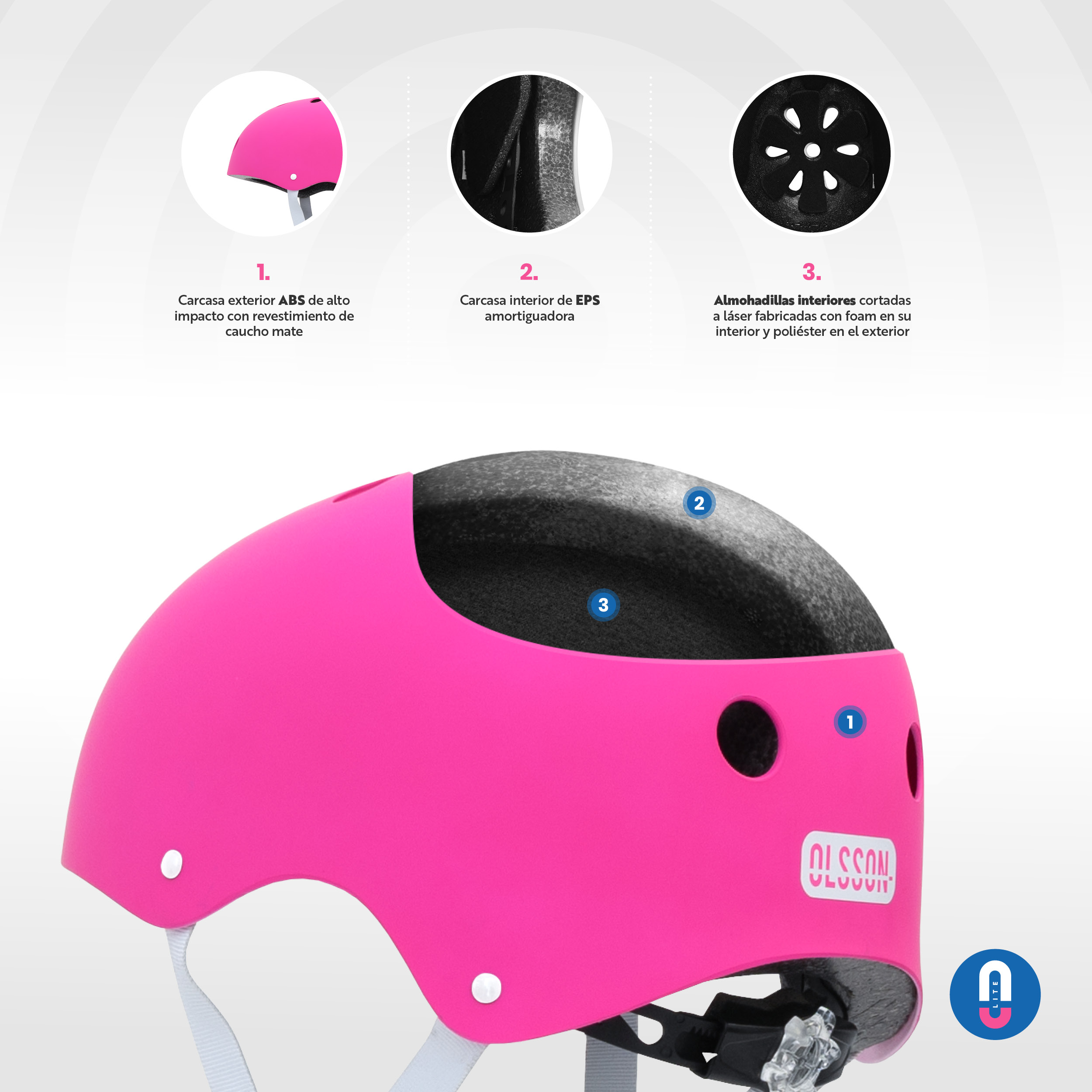 Casco rosa con capas internas y etiquetas con detalles de las partes del casco.