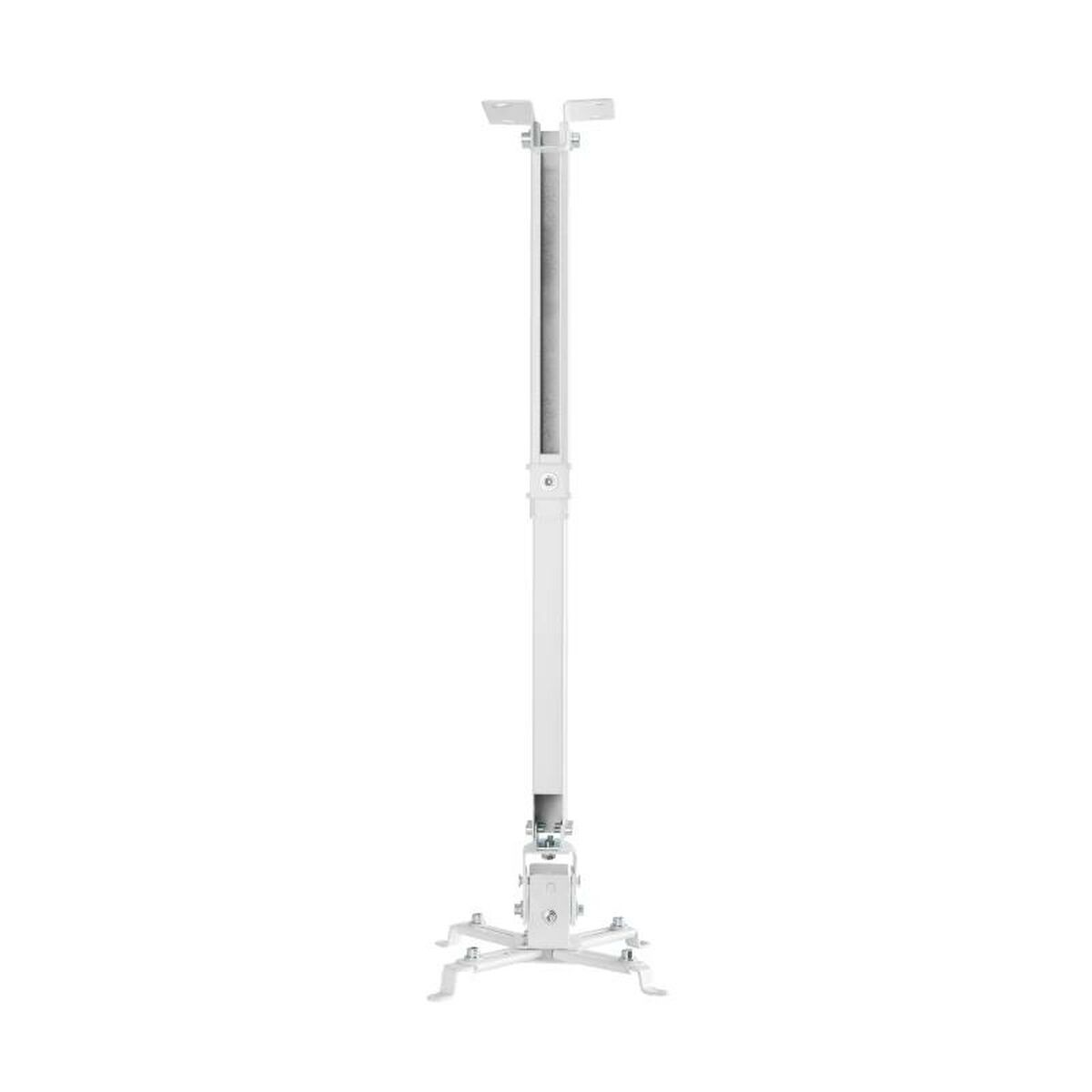 Biały stojak do montażu projektora na białym tle. Ma regulowane ramiona i podstawę ze stopkami.