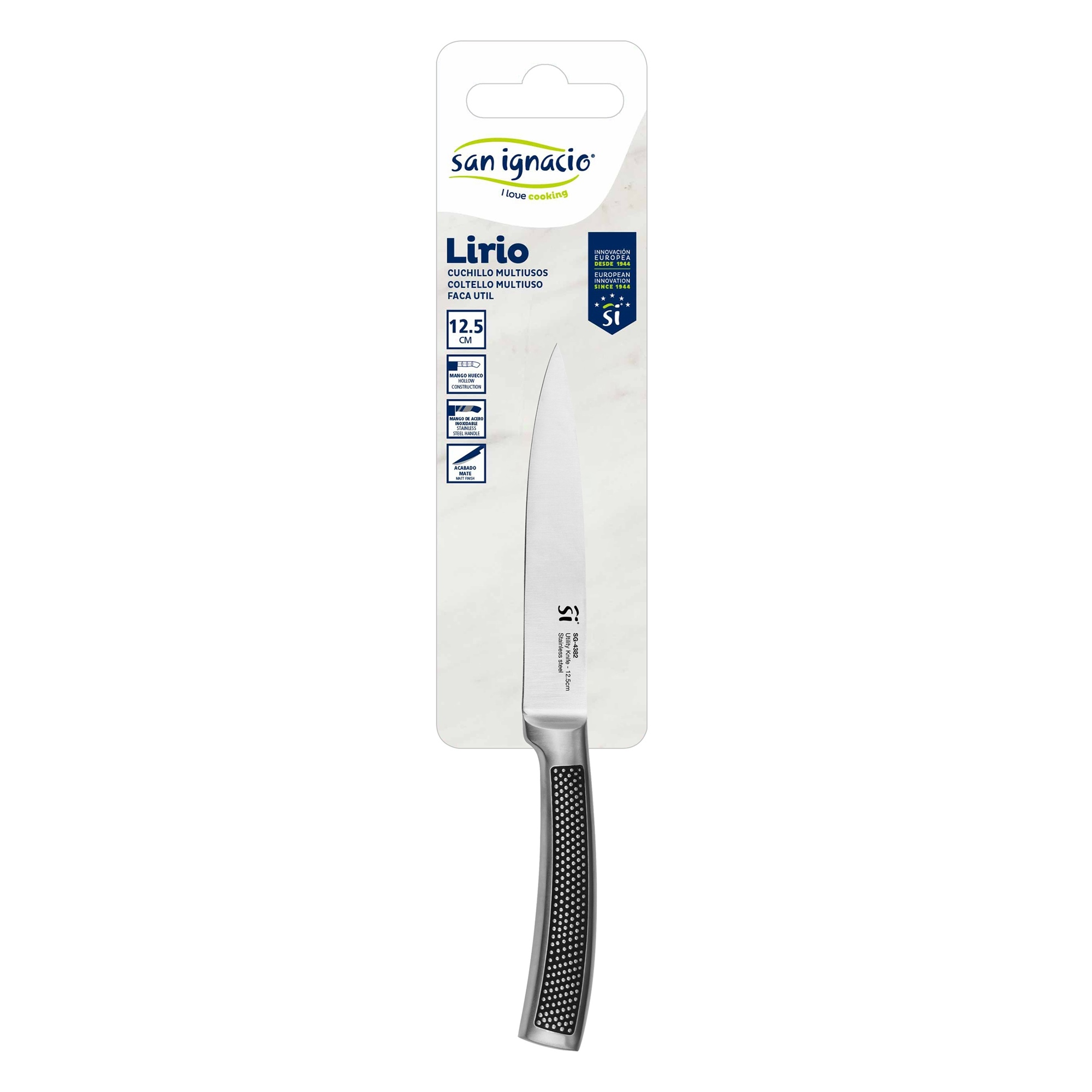 Embalaje de cuchillo de cocina con un cuchillo, nombre de la marca y detalles del producto.