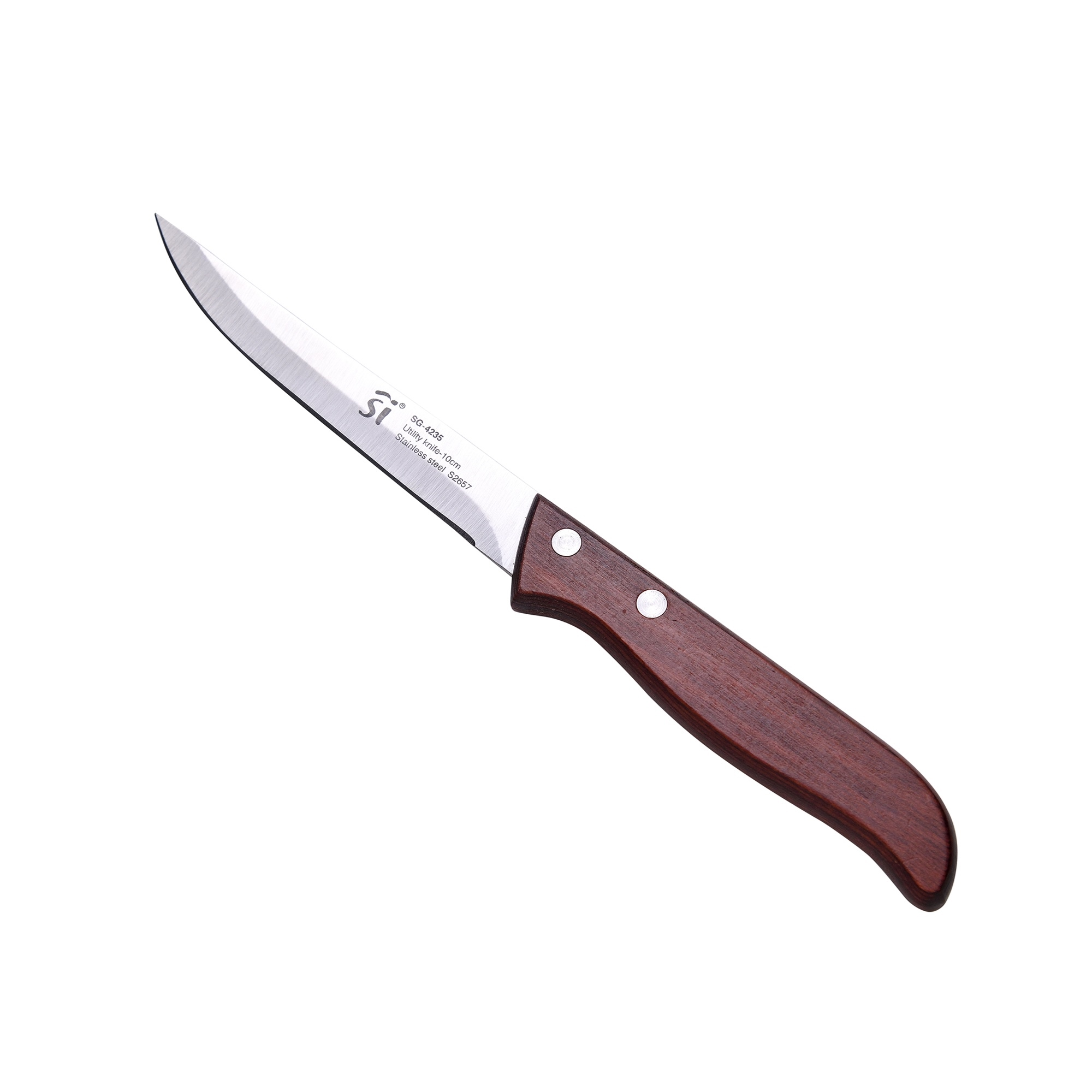 Un cuchillo de acero inoxidable con mango de madera sobre fondo blanco.