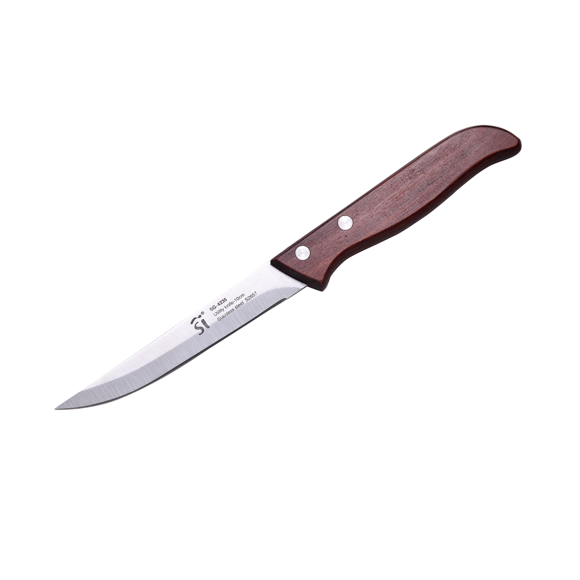 Un cuchillo de cocina pequeño con mango de madera y hoja plateada sobre fondo blanco.