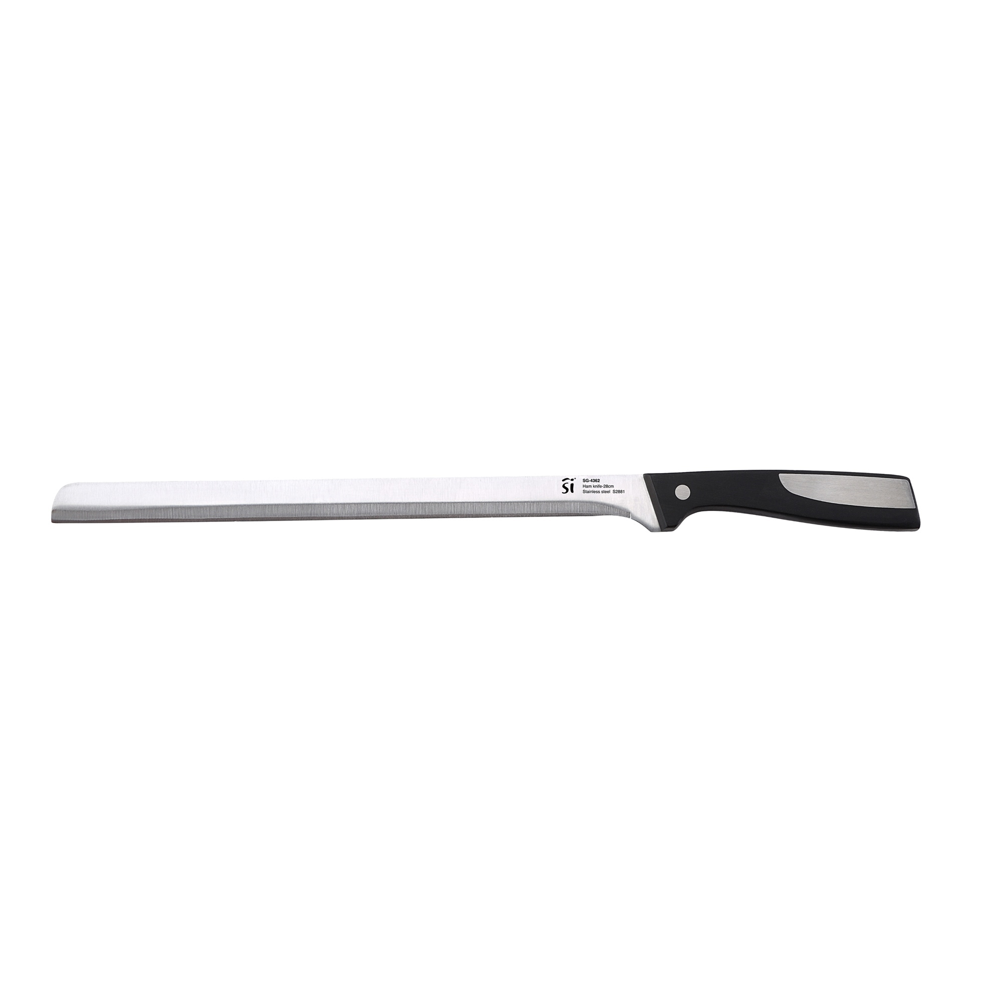 Un cuchillo de pan largo con mango negro. La hoja es plateada y el cuchillo está inclinado hacia la izquierda.