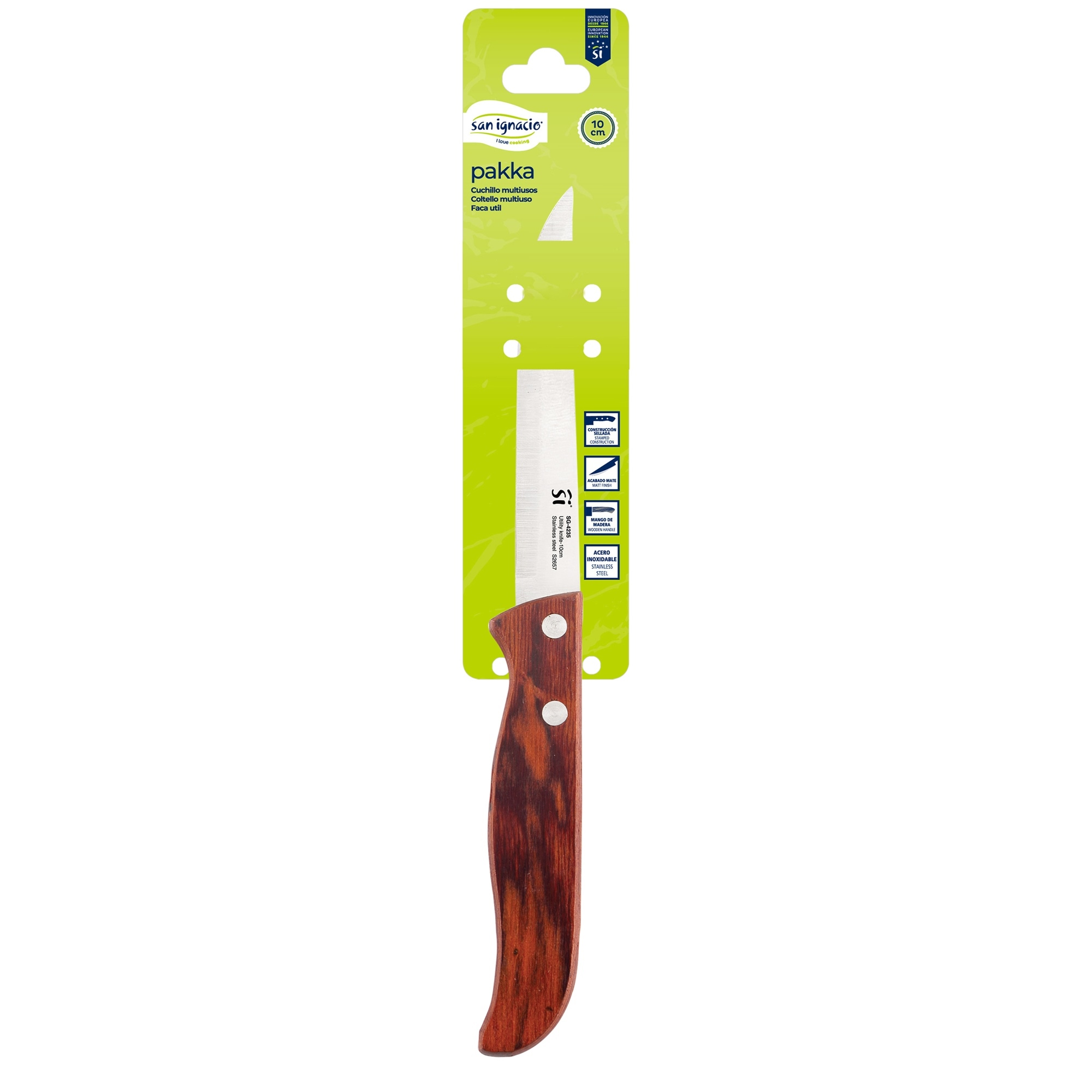 Un cuchillo de cocina en embalaje, con mango de madera y hoja plateada.