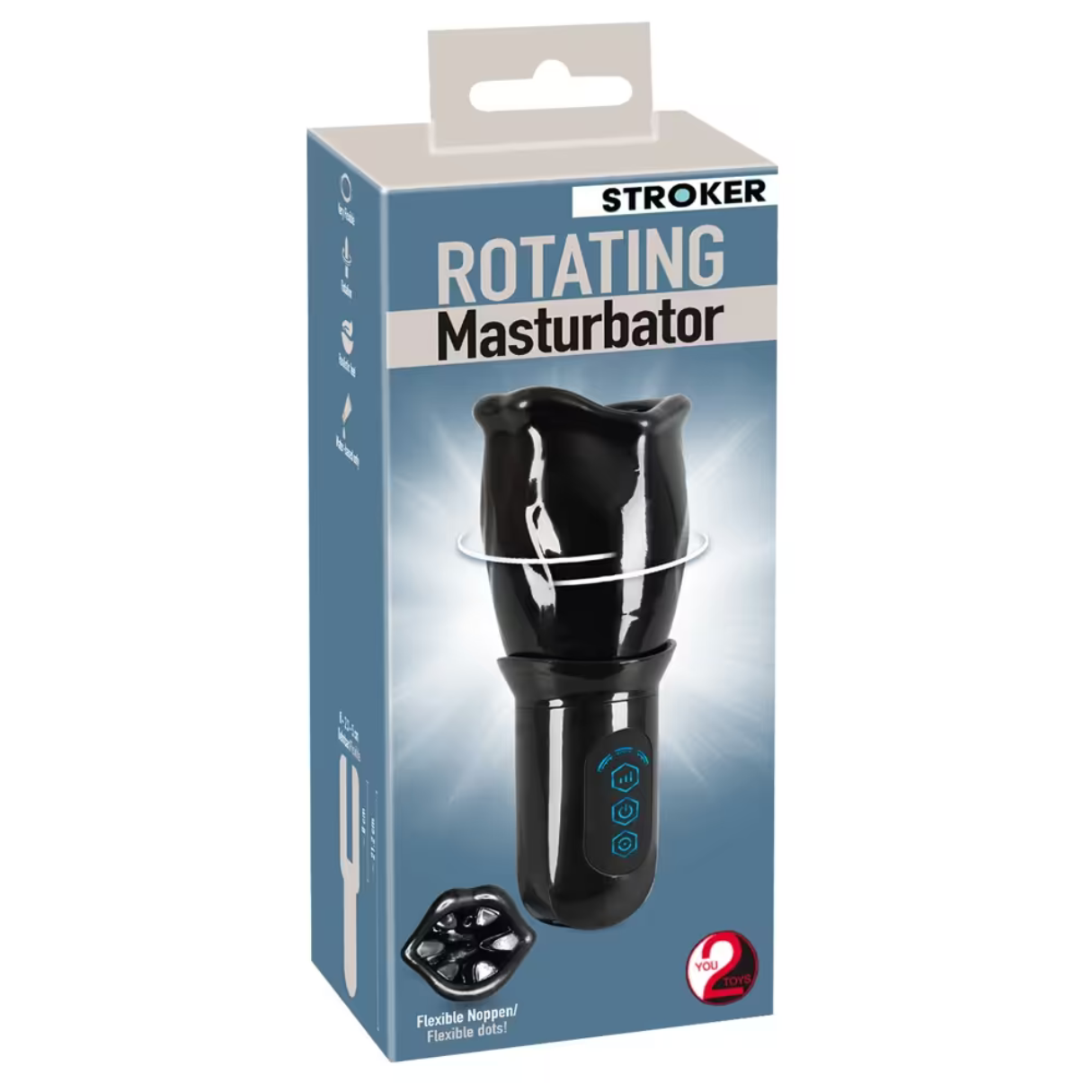 Box mit einem rotierenden Masturbator. Das Produkt ist schwarz und hat eine geschwungene Form.