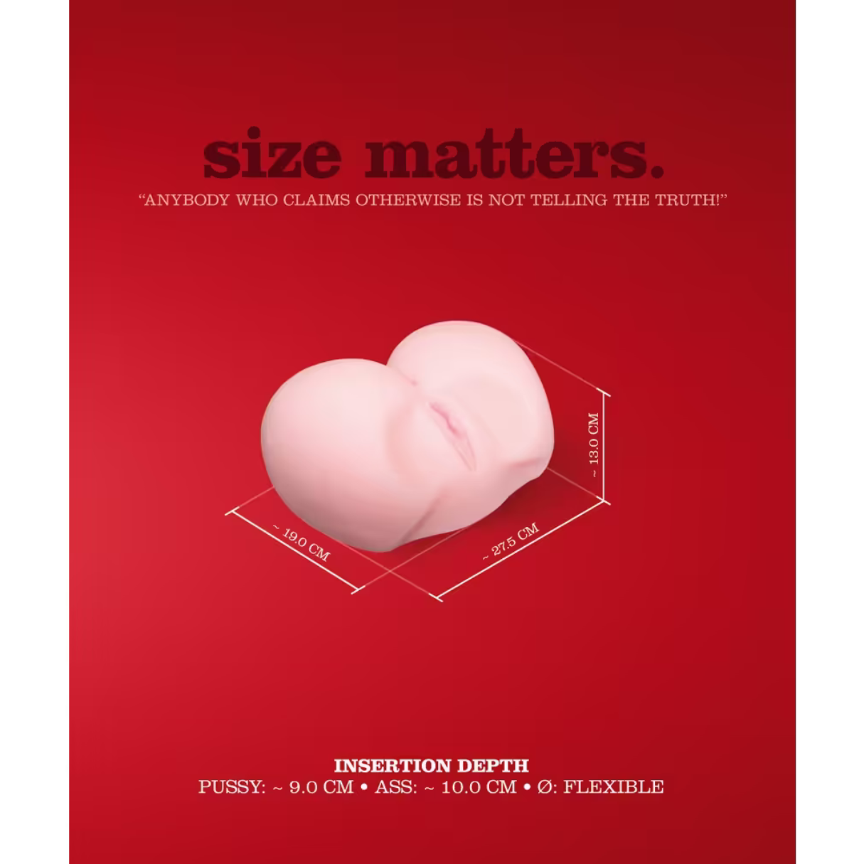 Ein rosa anatomisches Modell vor rotem Hintergrund. Text: Größe zählt. Abmessungen sind angegeben. Einführtiefe für Vagina und Anus sind aufgeführt.