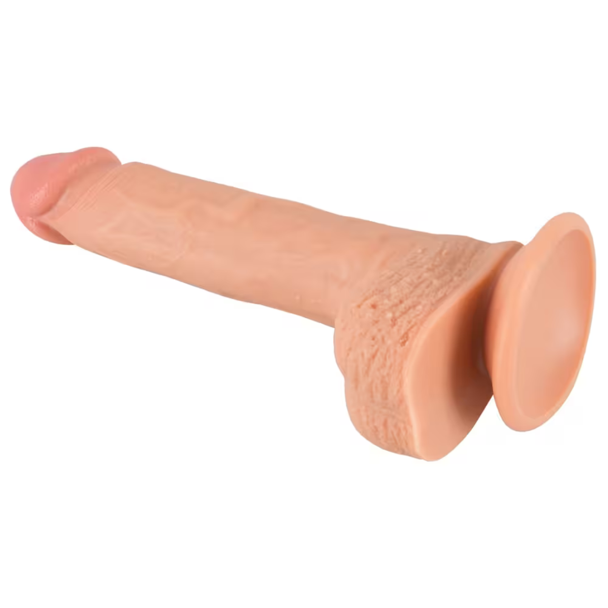 Ein fleischfarbener Dildo mit strukturierter Oberfläche und Saugnapfbasis, vor weißem Hintergrund.