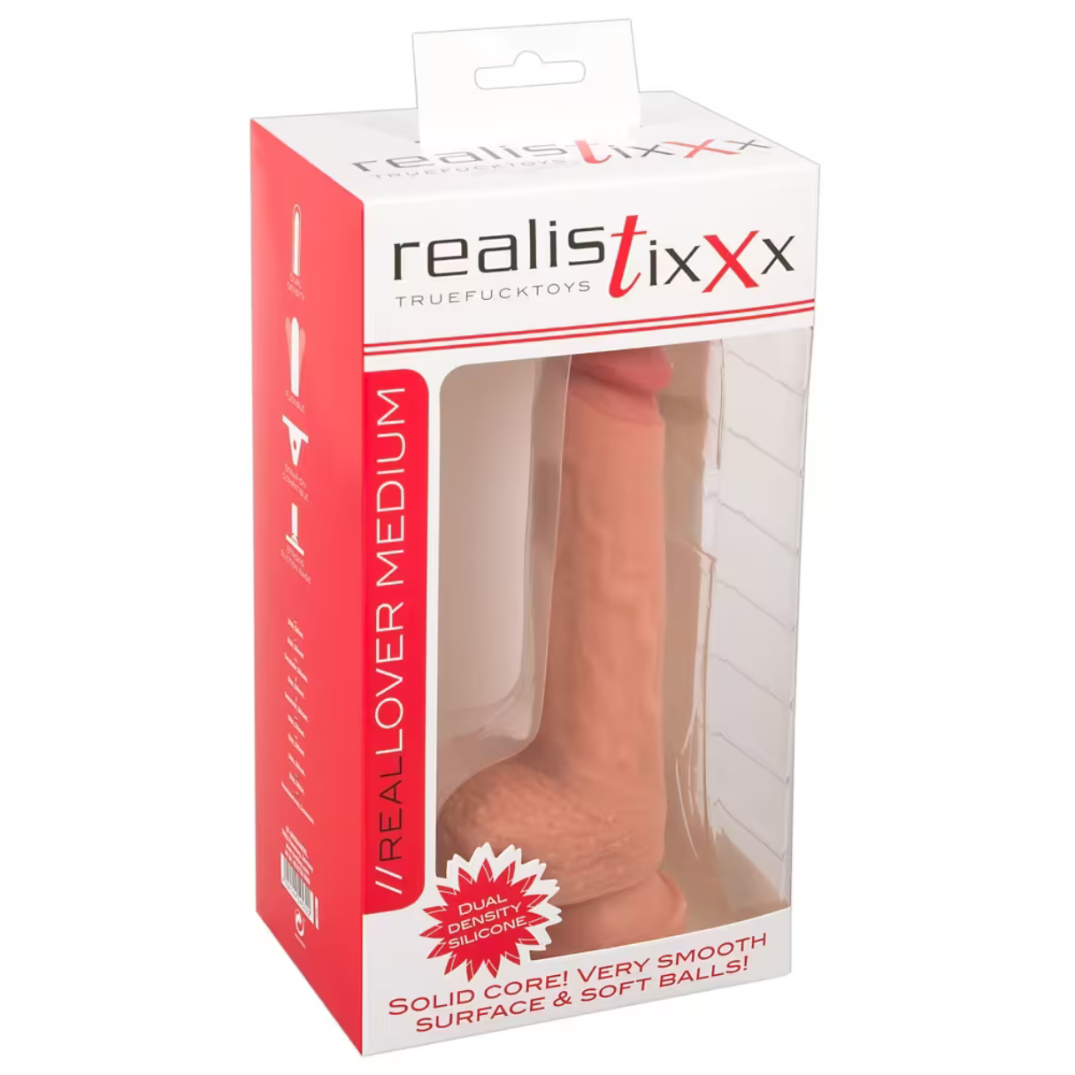 Ein Dildo befindet sich in einer Schachtel. Die Schachtel ist weiß mit roten Akzenten und dem Text 'realistixxx'. Der Dildo ist fleischfarben.