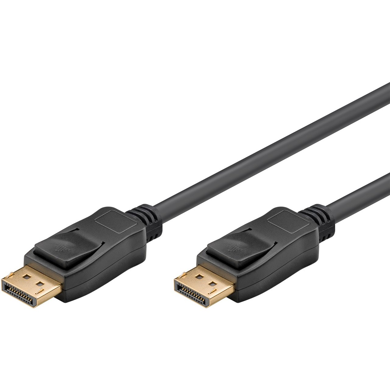 Zwei schwarze DisplayPort-Kabel mit goldenen Anschlüssen.