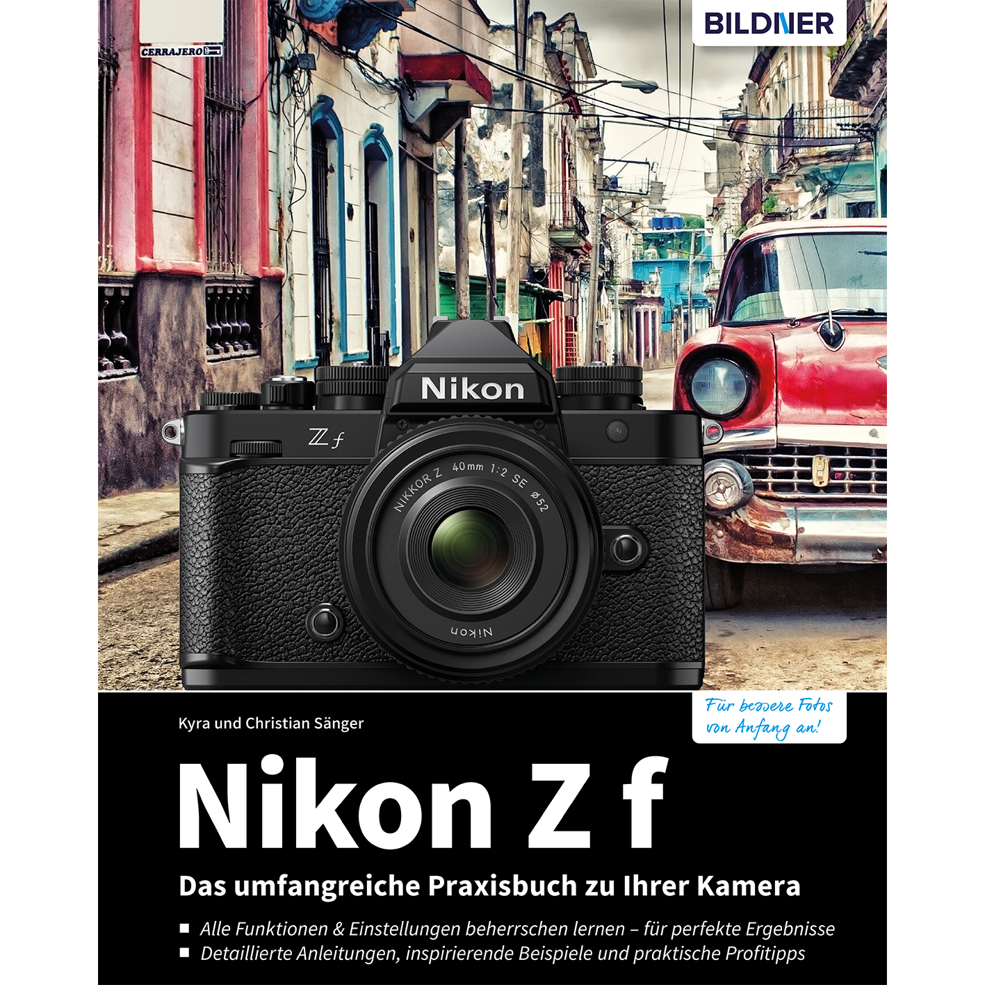 Buchcover der Nikon Z f Kamera, Text auf Deutsch, mit urbanem Straßenhintergrund.