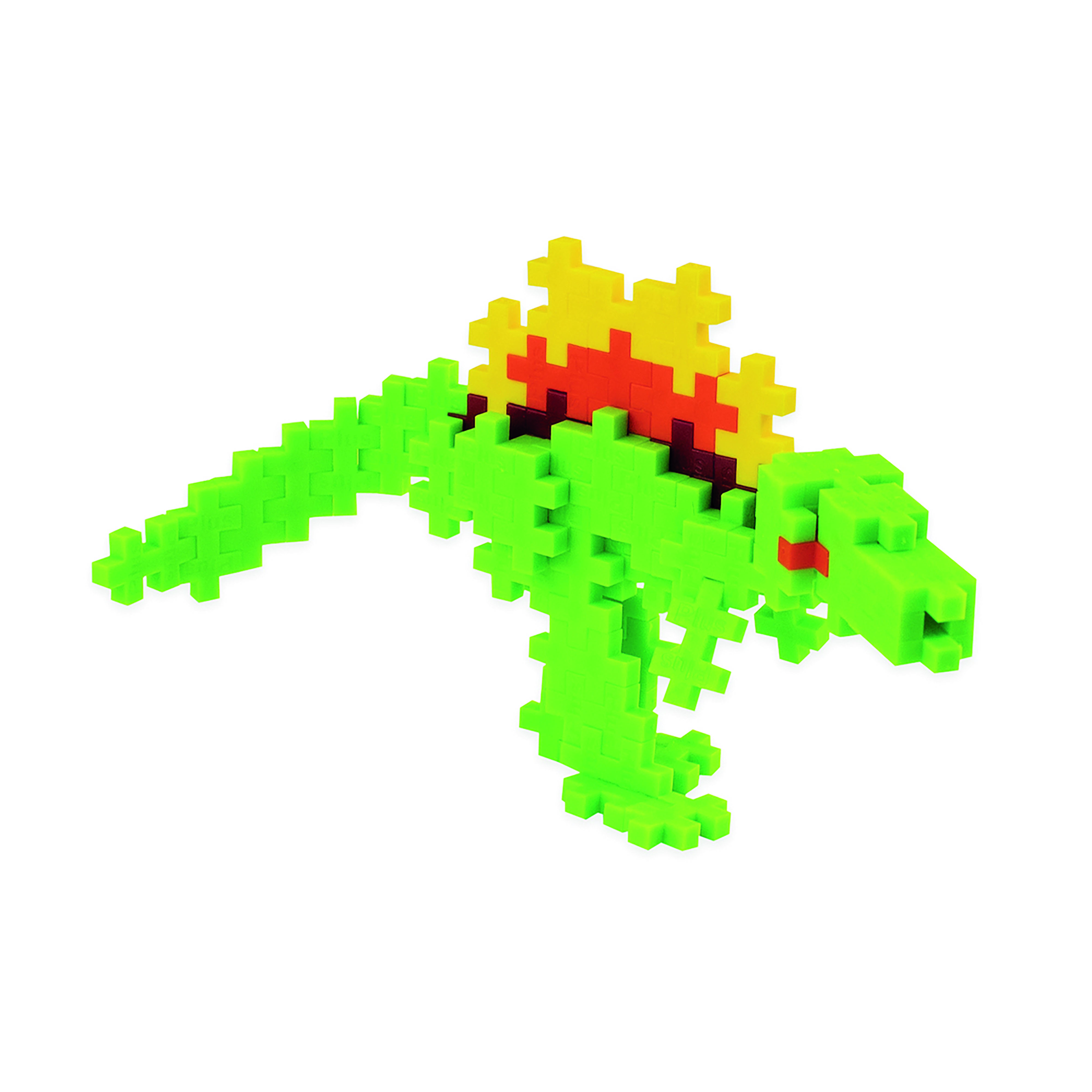 Un giocattolo a forma di dinosauro verde fatto di blocchi verdi, gialli e rossi ad incastro su sfondo bianco.