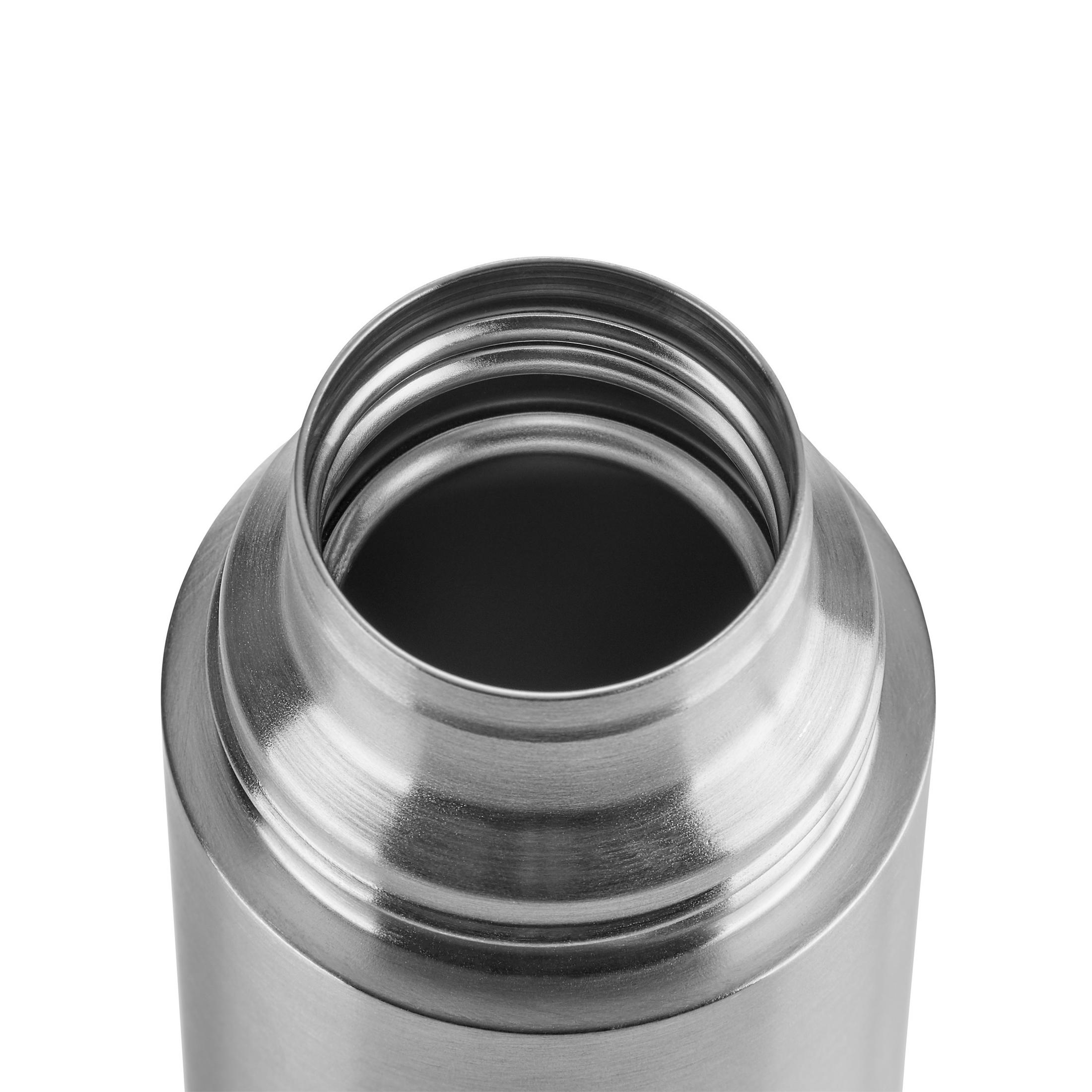 Die Oberseite einer isolierten Flasche aus Edelstahl, die die Öffnung und das Innere zeigt.