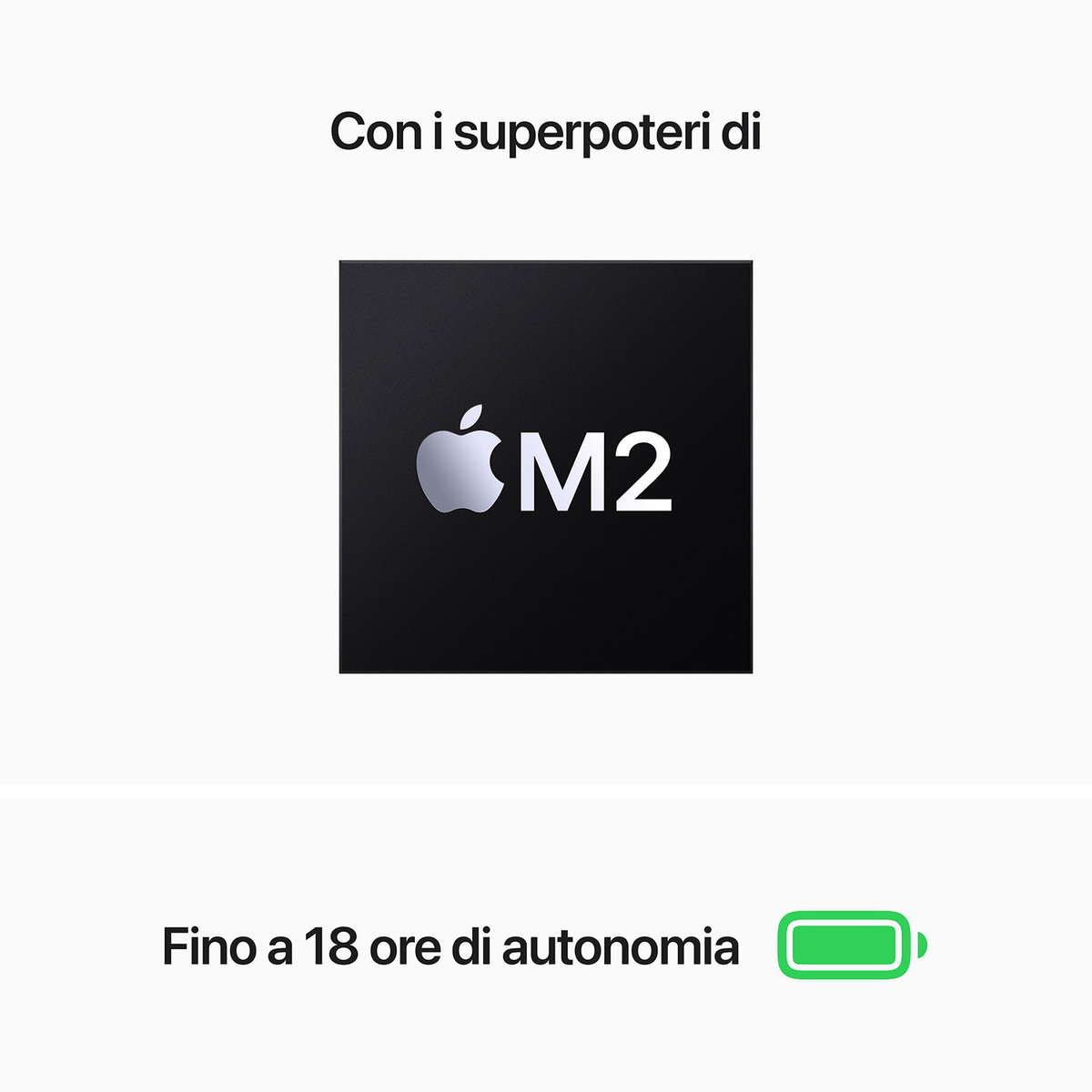 Chip Apple M2 su sfondo nero con testo: fino a 18 ore di autonomia.
