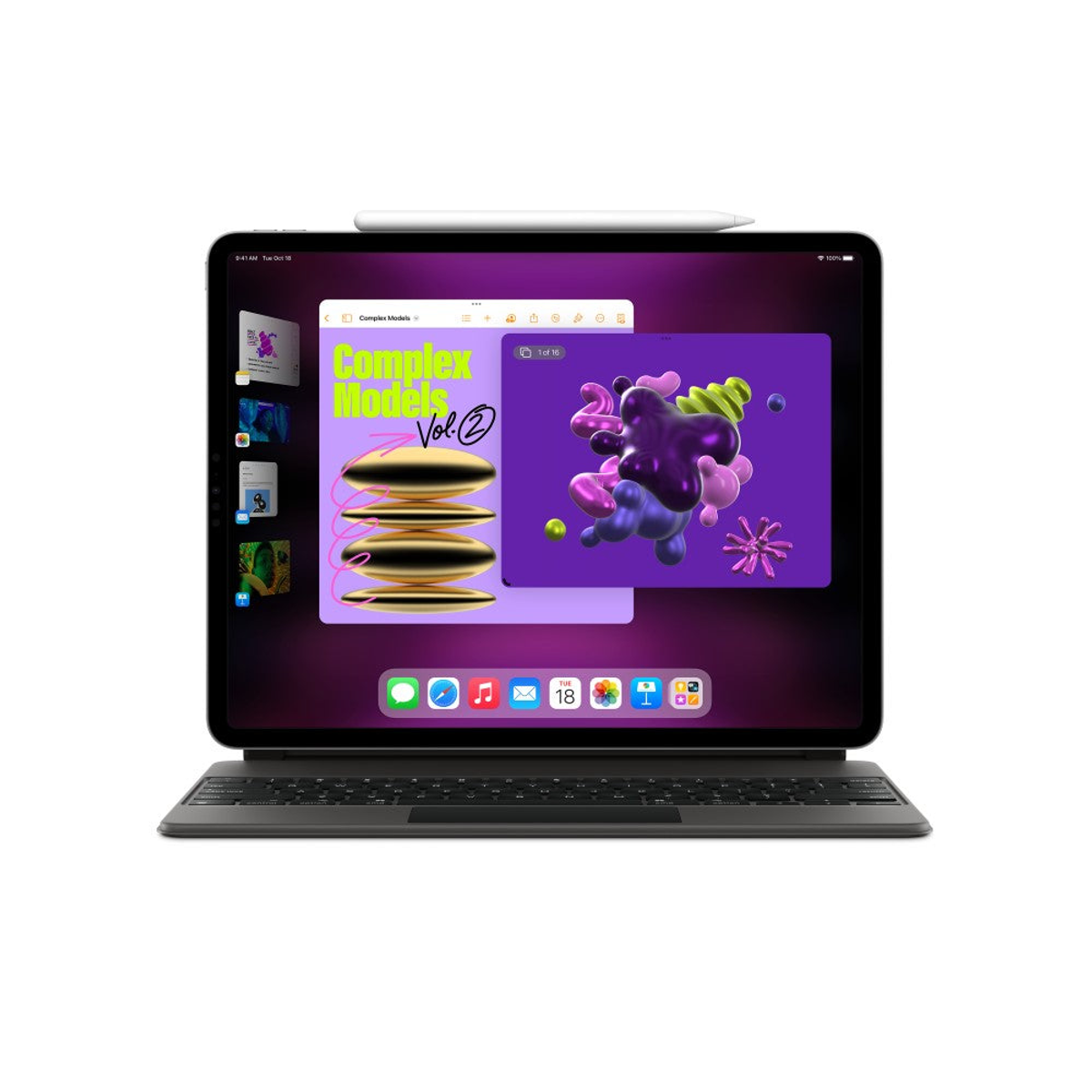 iPad Apple z klawiaturą, wyświetlający interfejs w fioletowej tonacji z ikonami aplikacji i rysikiem.