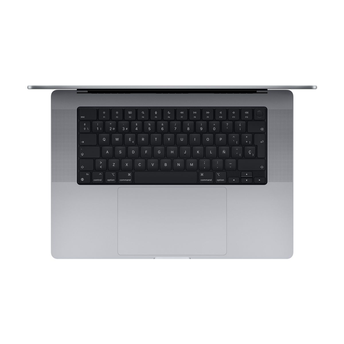 Ein Laptop von oben. Die Tastatur ist schwarz und der Bildschirm ist geschlossen. Der Hintergrund ist weiß. Das Design ist minimalistisch.