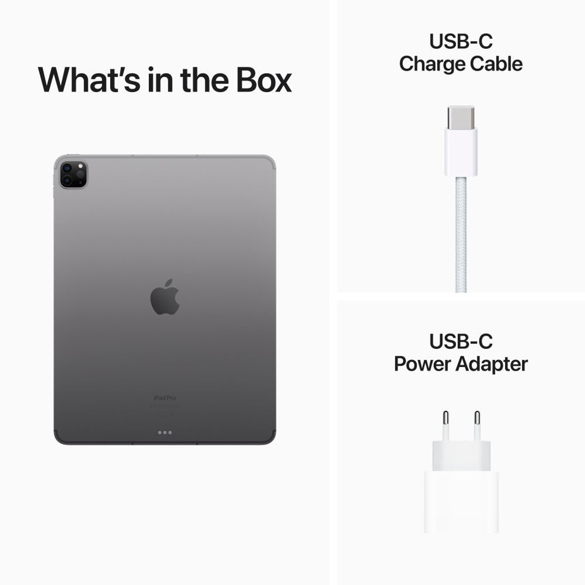 iPad Pro, cavo USB-C e adattatore di alimentazione sono visualizzati su sfondo bianco, con la scritta "Cosa c'è nella scatola".