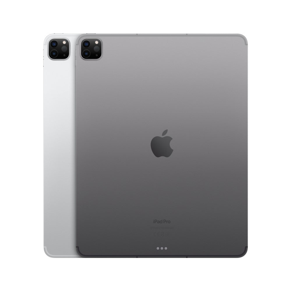 Due iPad Pro Apple; uno argento, uno grigio. Retro visibili, con fotocamera e logo.