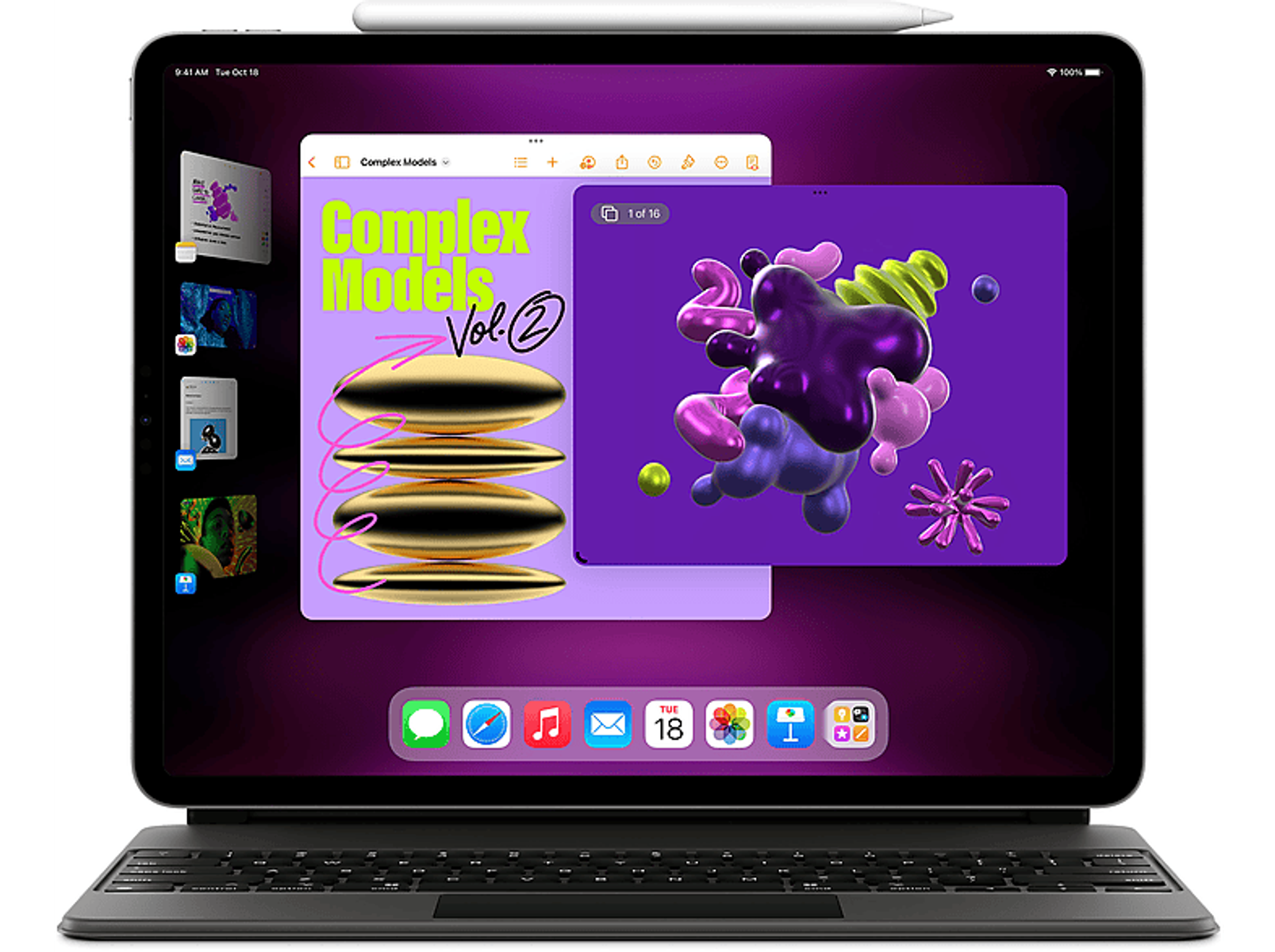 Un iPad mostra app, una matita è in alto. Le app includono modelli complessi. Lo sfondo è viola.