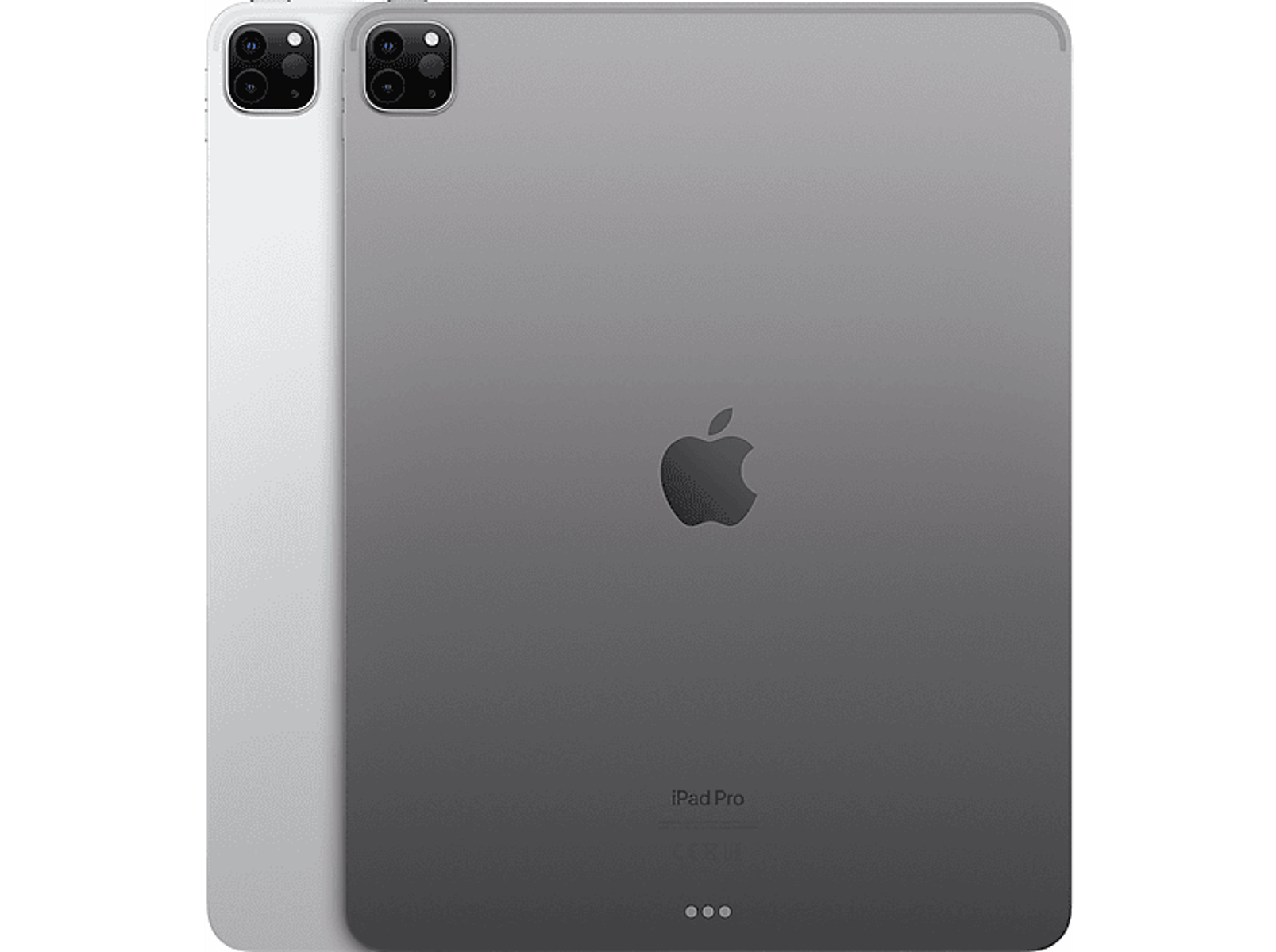 Due iPad argentati su sfondo nero. Uno a sinistra e uno a destra. Logo Apple al centro.