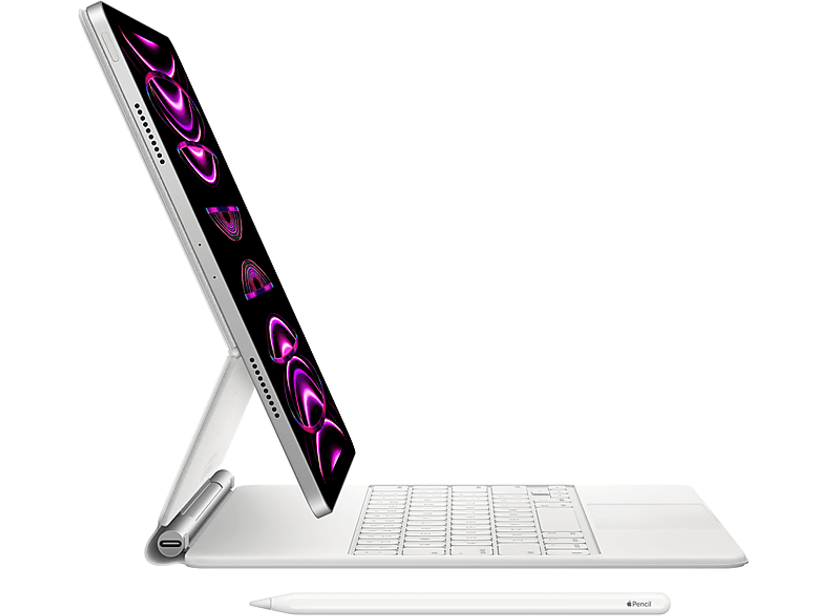Tablet e tastiera con matita. Tablet inclinato con schermo nero, accessori bianchi.