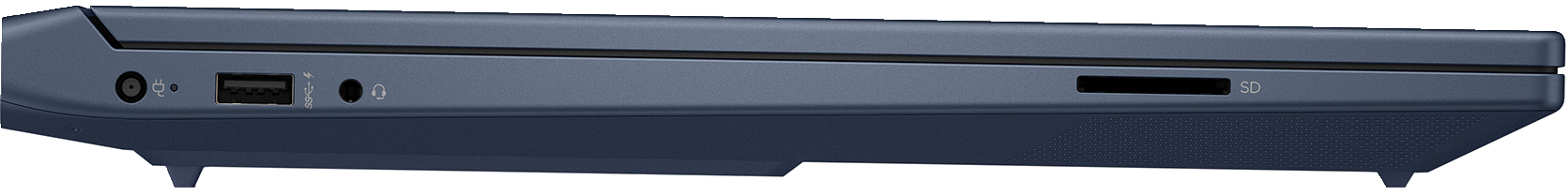 Vista lateral de un portátil azul que muestra puertos USB, audio y tarjeta SD.