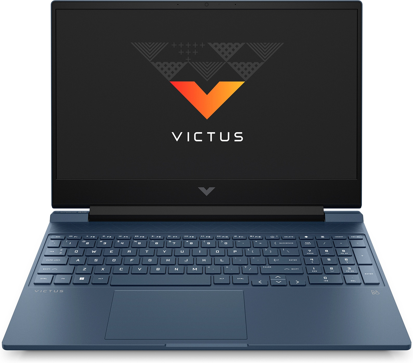 Portátil negro y azul con el logo VICTUS en la pantalla, abierto, mostrando un fondo negro.