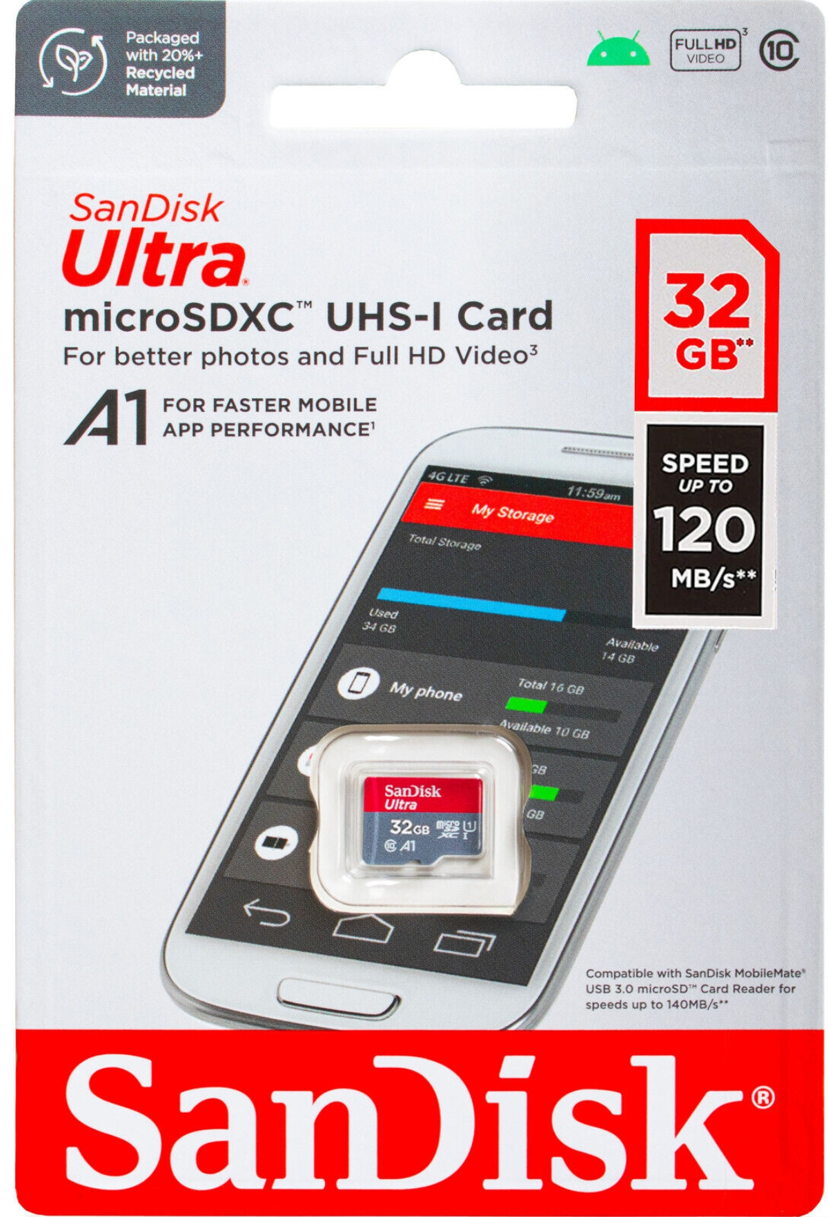 Eine SanDisk Ultra microSDXC-Karte in einer Verpackung. Die Karte hat 32 GB, die Verpackung Text und Grafiken.