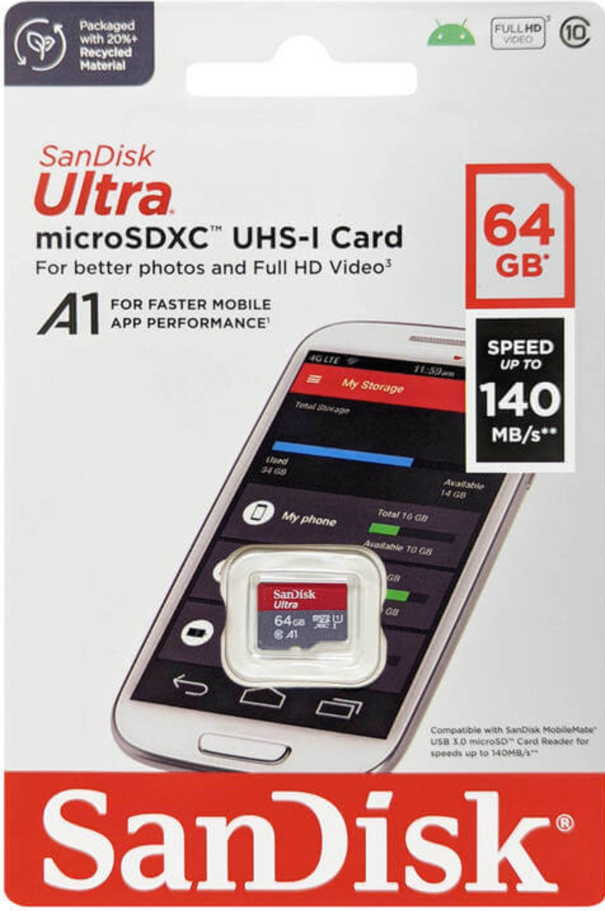 SanDisk Ultra microSDXC UHS-I Kartenverpackung. Zeigt Karte und Telefon mit microSD-Karte. 64GB Kapazität.