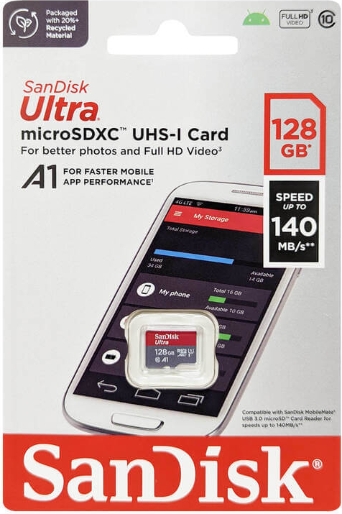 Eine Sandisk Ultra microSD-Karte in der Verpackung, mit einem Telefon, das ihre Verwendung anzeigt.