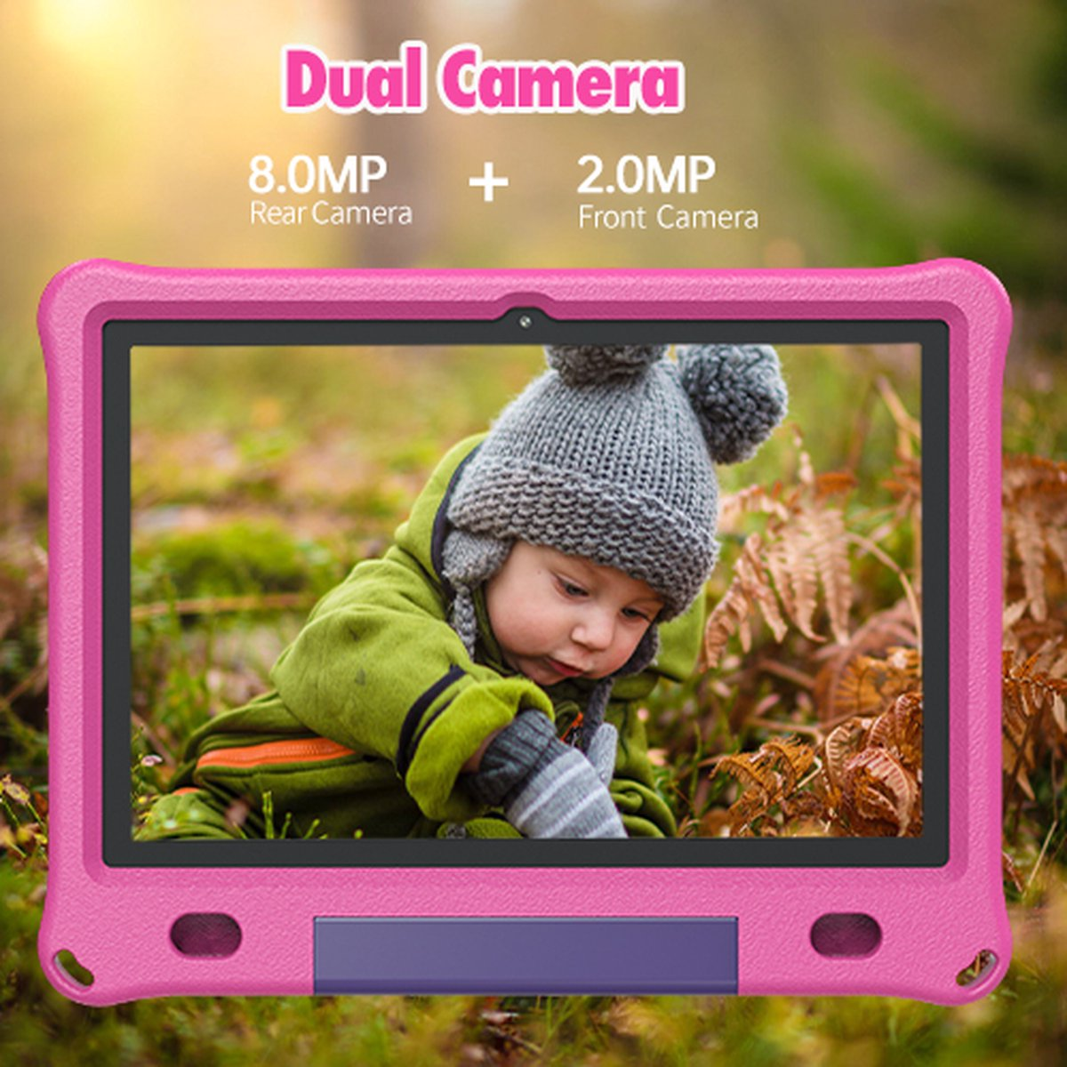 Różowy tablet z dzieckiem na ekranie. Tablet oznaczony jest jako 'Dual Camera' i '8.0MP + 2.0MP'.