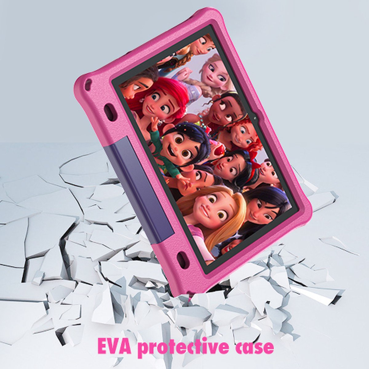 Różowe etui na tablet z postaciami z kreskówek, na białej powierzchni z efektem pęknięć i napisem etui ochronne EVA.