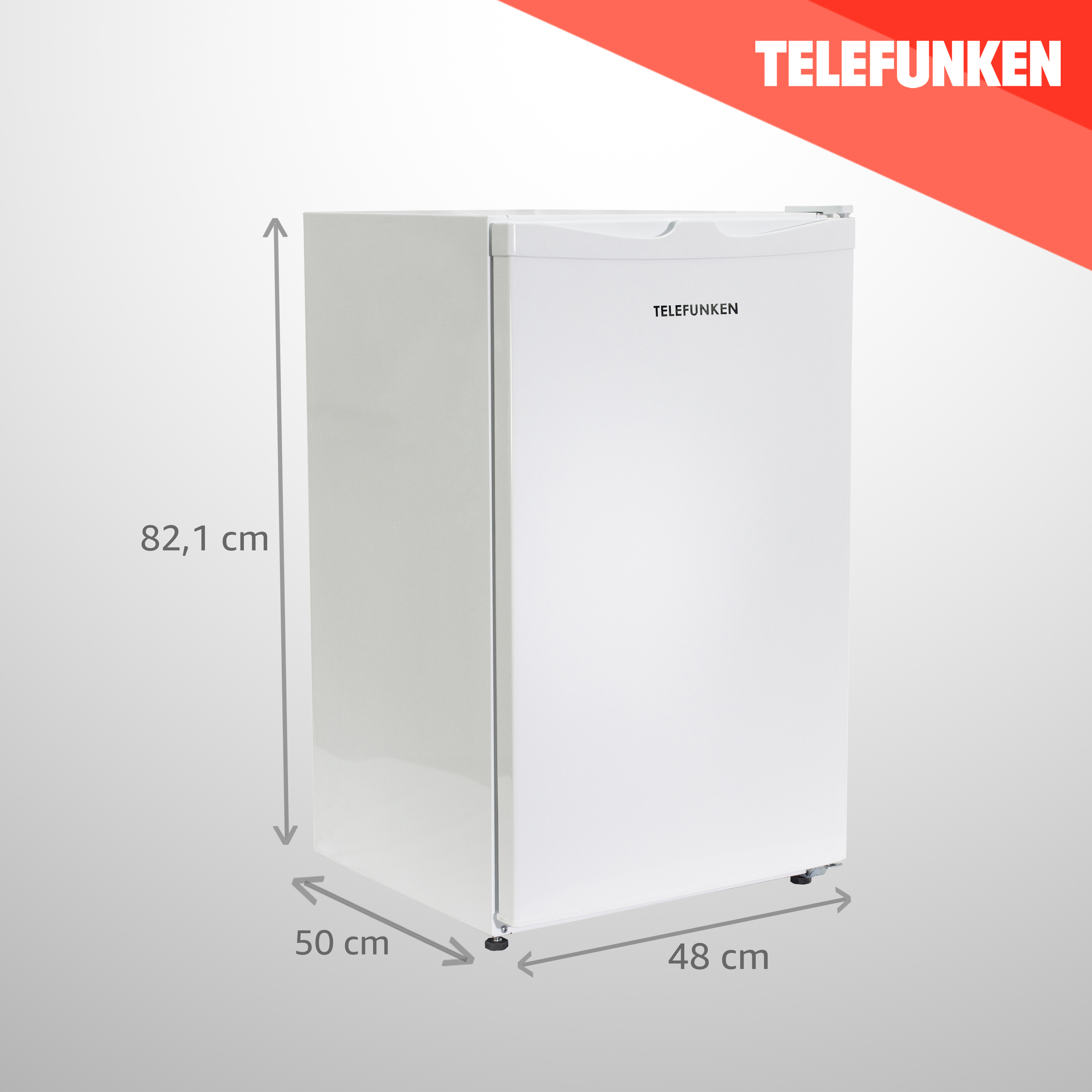 Weißer Telefunken-Kühlschrank, Abmessungen angezeigt. 82,1 cm hoch, 50 cm breit und 48 cm tief.