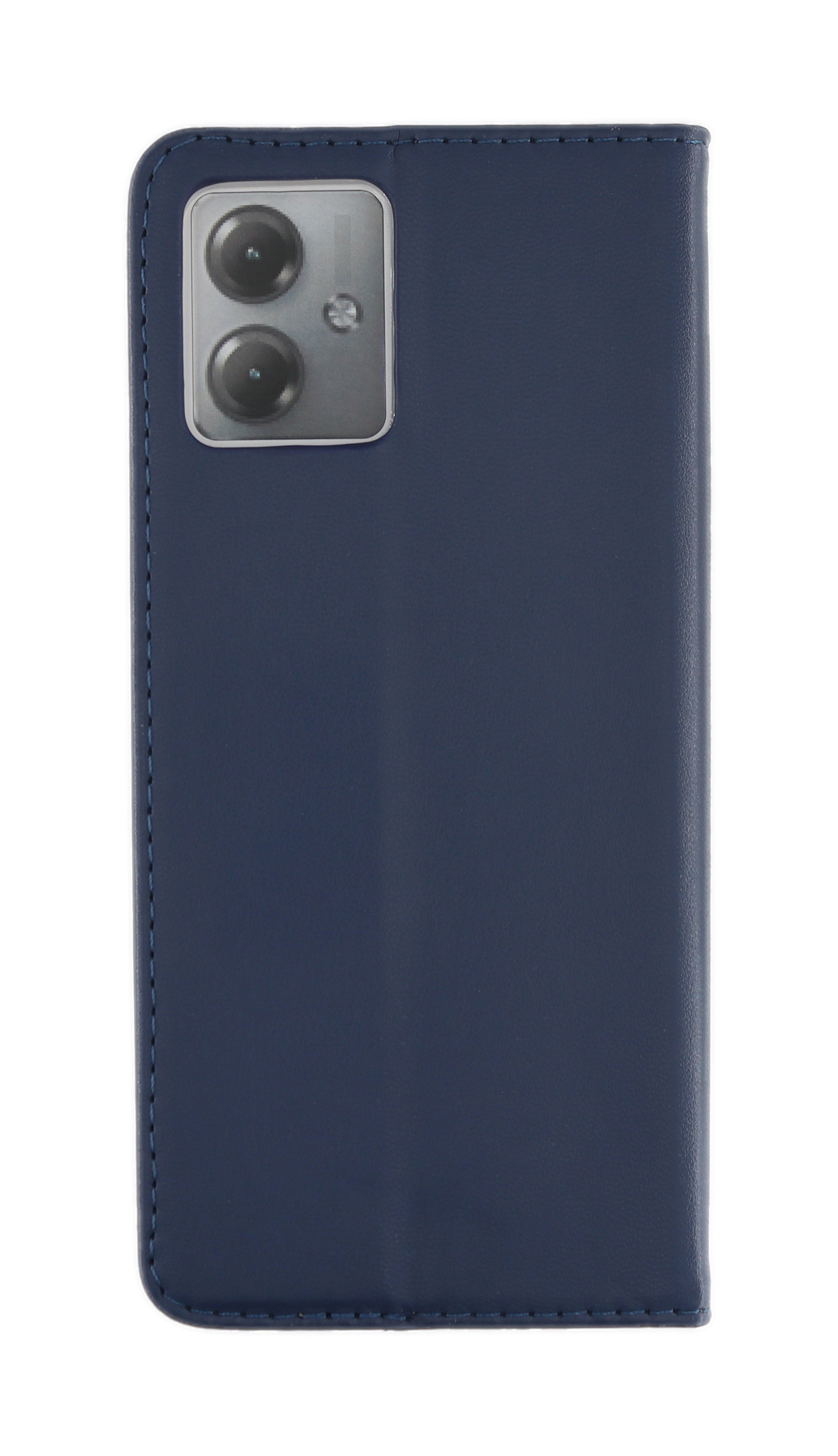 Geschlossene blaue Handyhülle mit Dual-Kamera auf weißem Hintergrund.