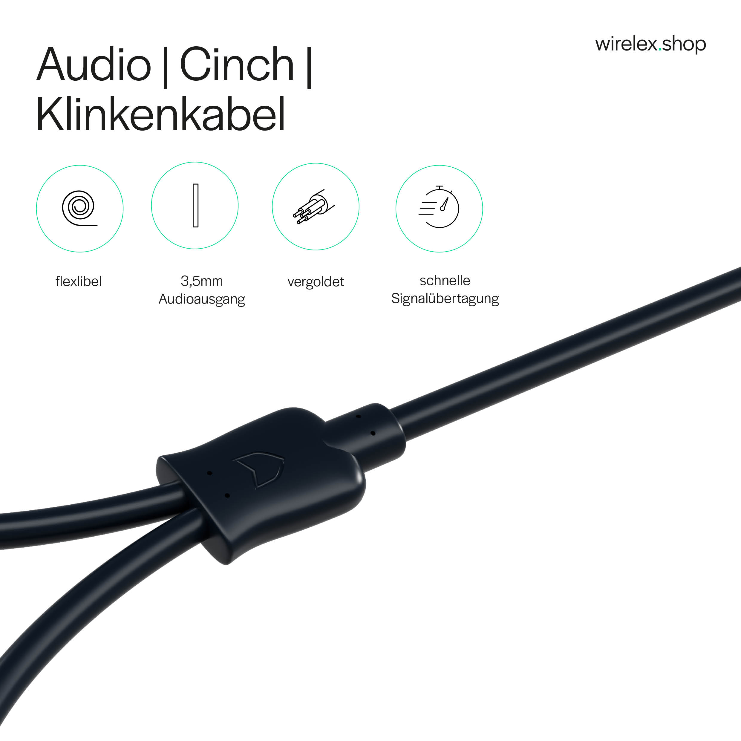 Schwarzes Audiokabel mit Steckern, Info-Icons.