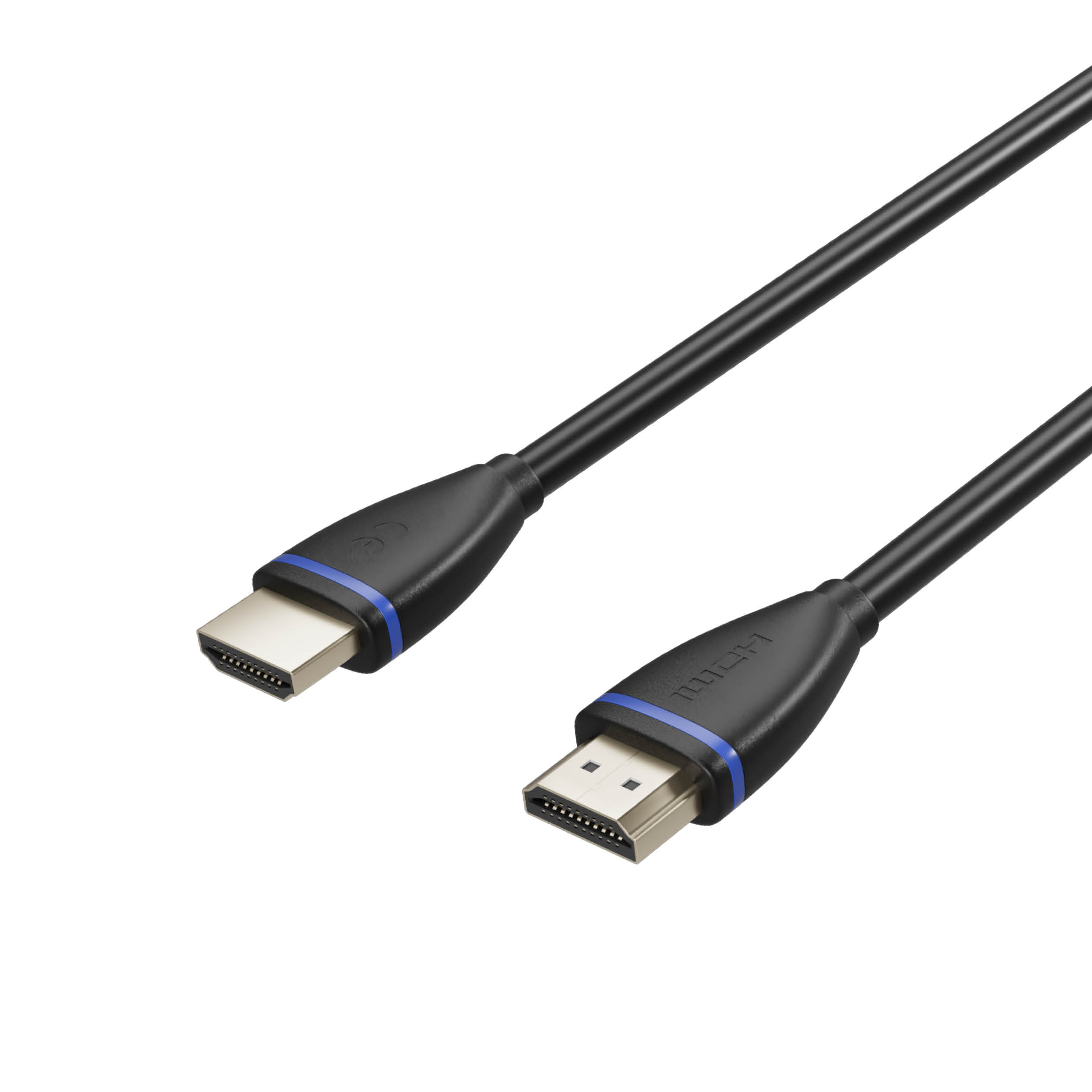 Schwarzes HDMI-Kabel mit blauen Akzenten. Die Stecker sind an den Enden sichtbar.