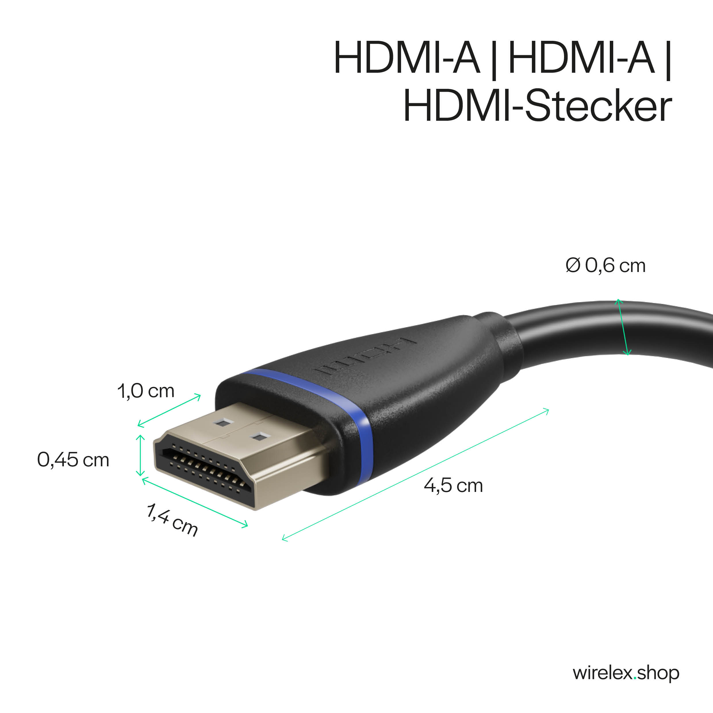 HDMI-Kabel mit Abmessungen. Das Kabel ist schwarz. Der Stecker ist silber mit Messungen.