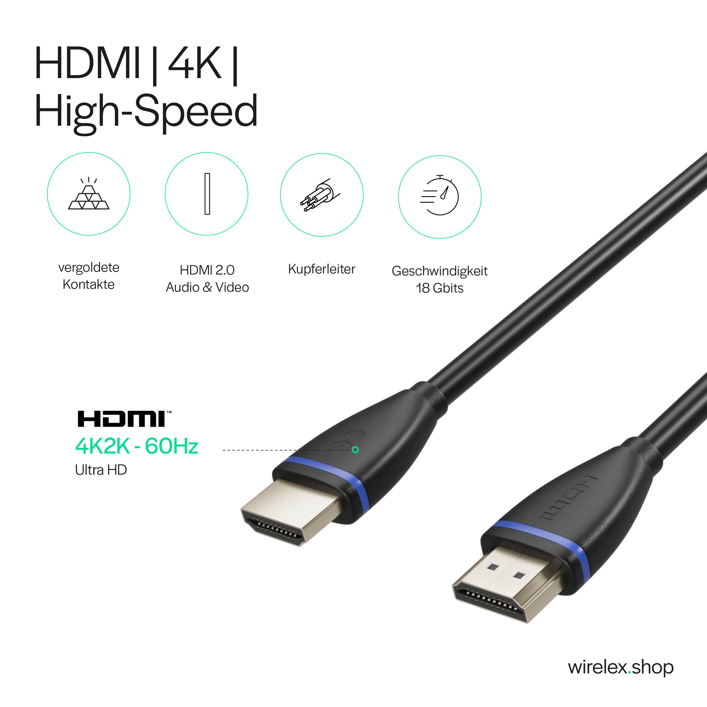 Schwarzes HDMI-Kabel mit silbernen Steckern, Produktinformationen links.