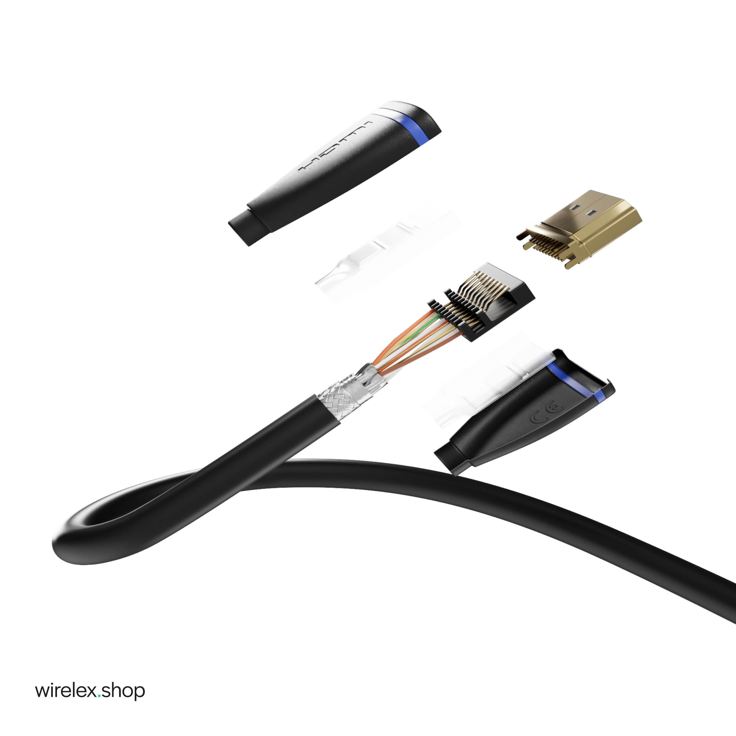 Ein teilweise zerlegtes HDMI-Kabel zeigt Innenkabel, Stecker und eine schwarze Außenhülle.
