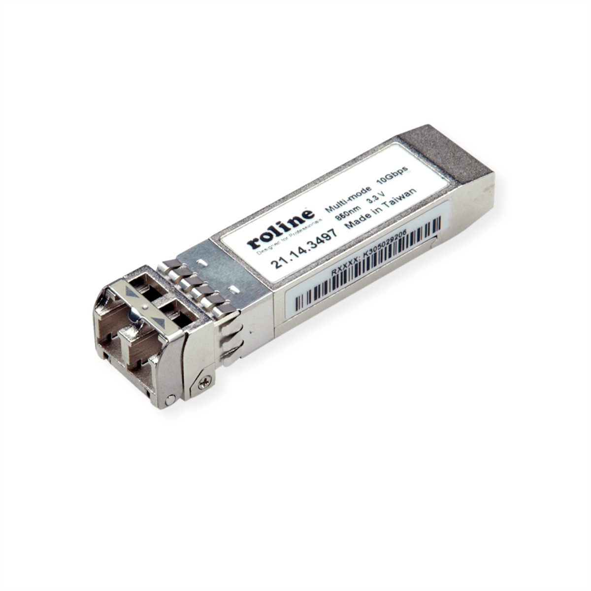 Un émetteur-récepteur SFP argenté avec une étiquette sur fond blanc, affichant la marque.