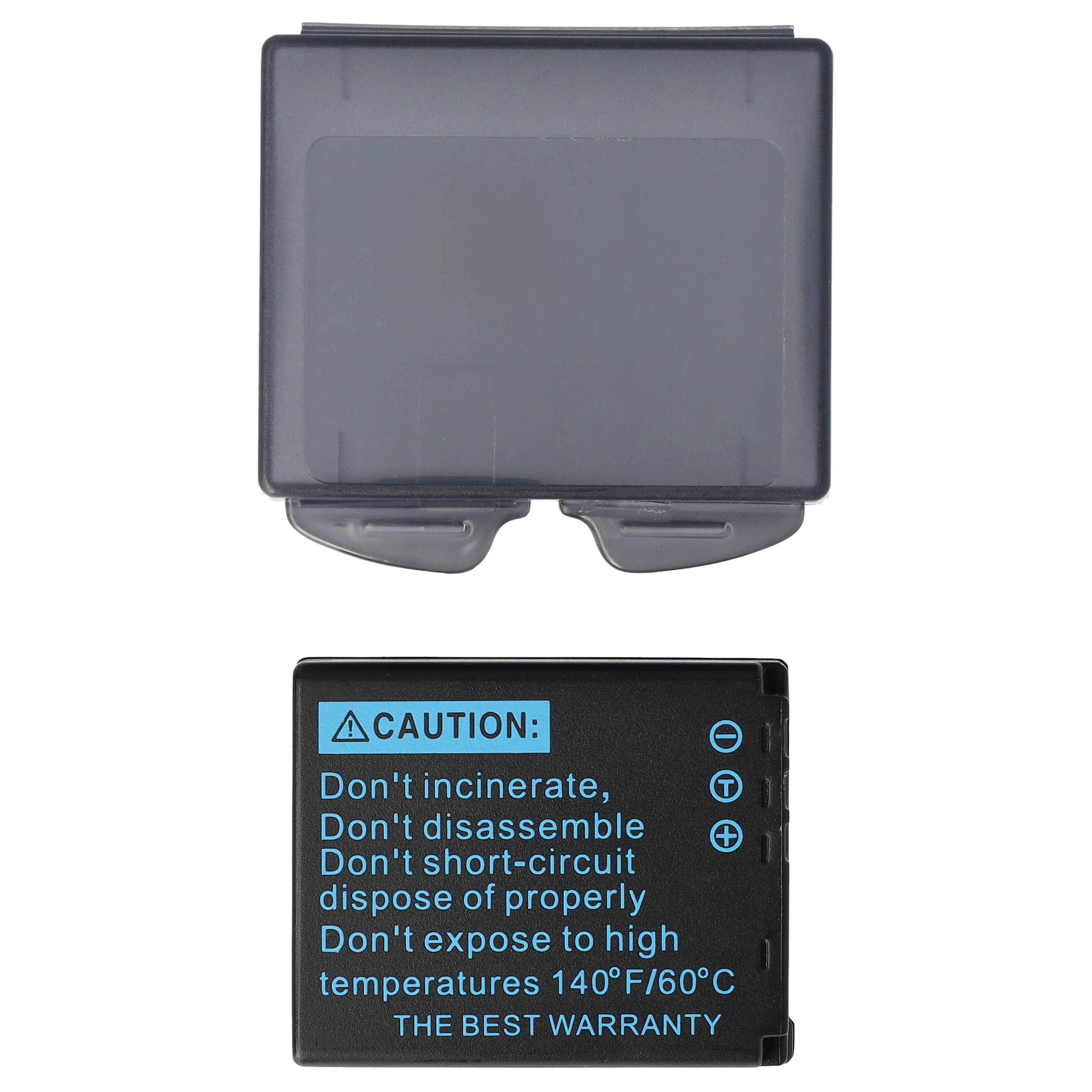 Eine schwarze Batterie mit Sicherheitshinweisen befindet sich in einer durchsichtigen Kunststoffhülle.