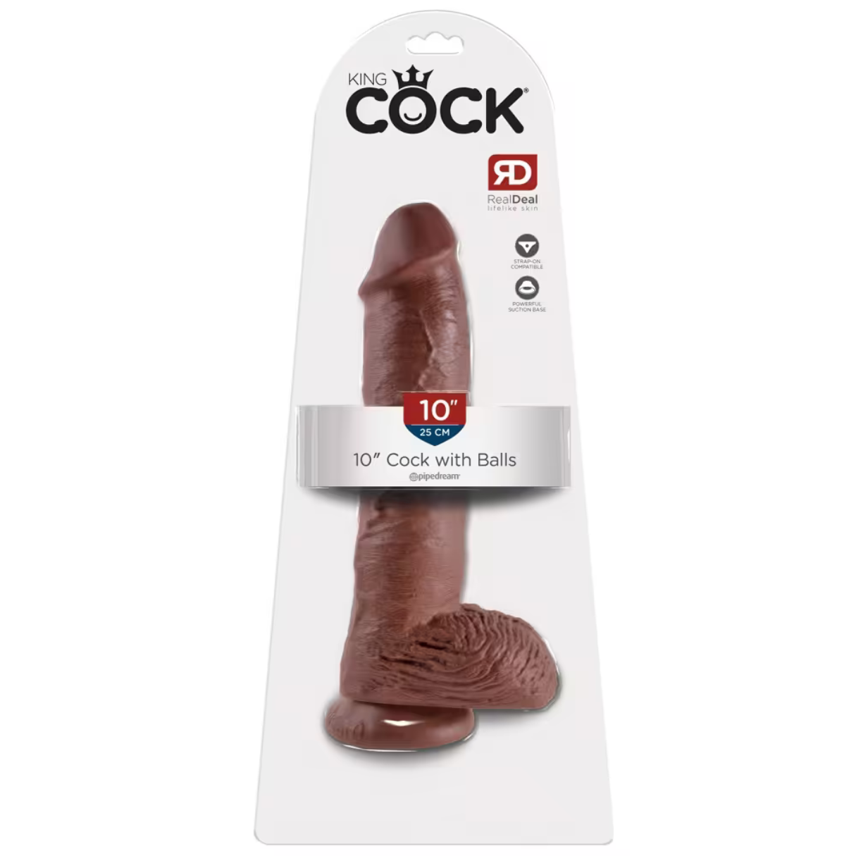 Ein brauner Dildo in einer Verpackung. Auf der Verpackung steht 'King Cock' und '10" Cock with Balls'. Die Verpackung ist weiß mit einem Sichtfenster.