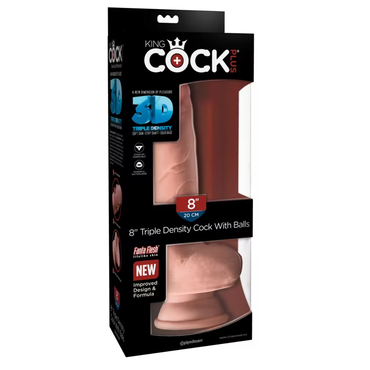 Produktverpackung für einen 8-Zoll-Dildo mit dreifacher Dichte. Mit dem Markennamen 'King Cock' und Produktdetails auf der Verpackung.