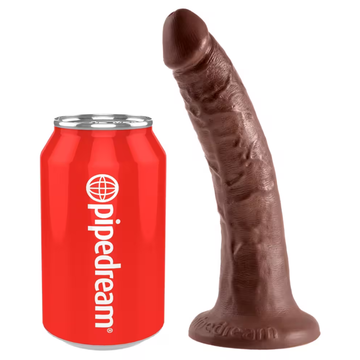 Das Bild zeigt eine rote Dose mit weißem Text 'pipedream' und einen braunen Dildo. Die Dose befindet sich neben dem Dildo, beide auf weißem Hintergrund.