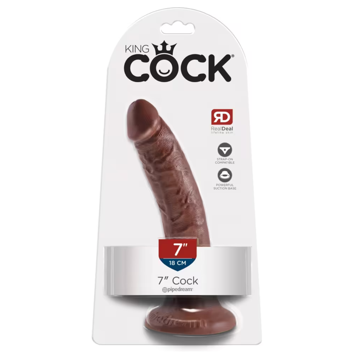 Ein brauner Dildo in einer Verpackung mit der Aufschrift 'King Cock'. Er ist 7 Zoll lang und von Pipedream. Die Verpackung hat Merkmale.