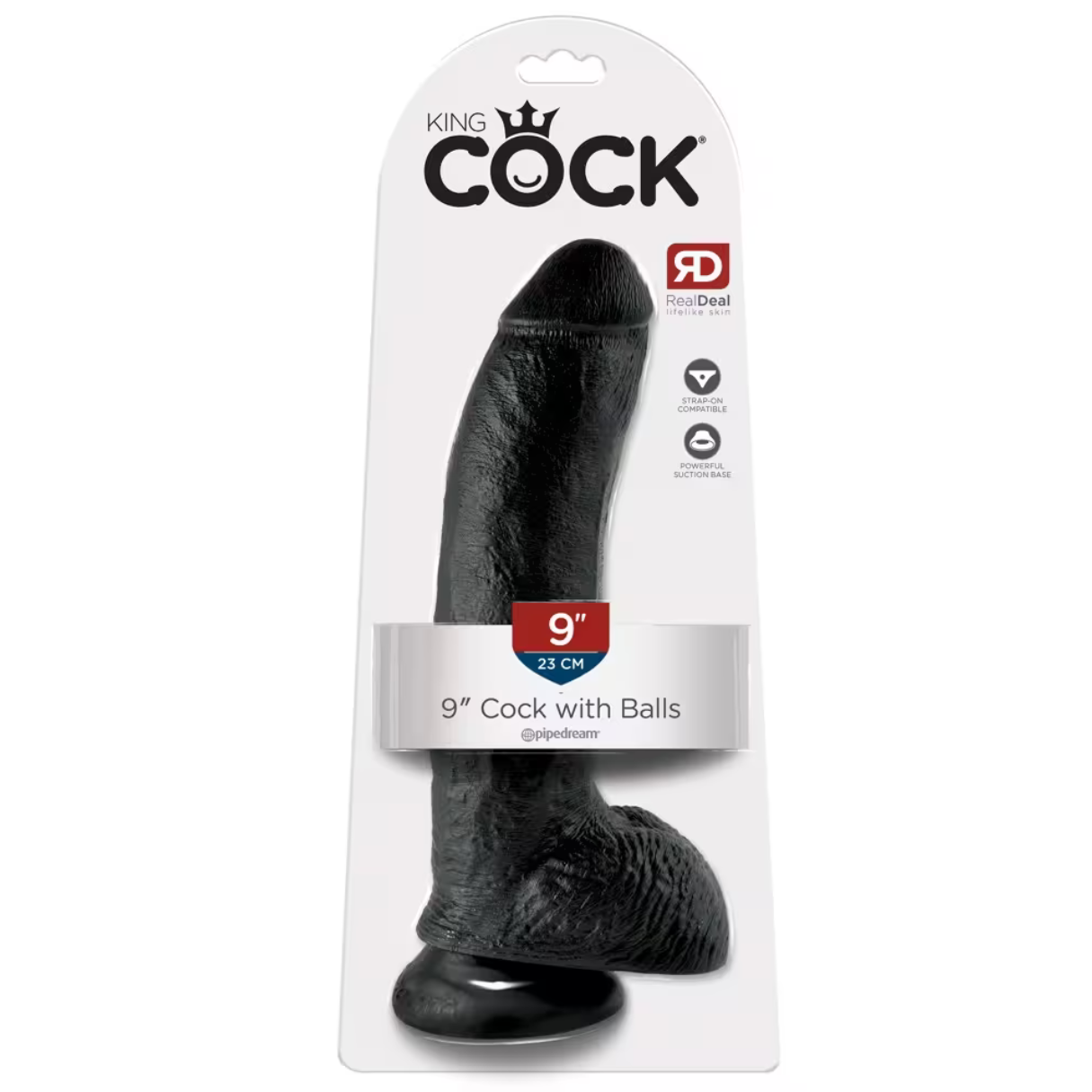 Schwarzes Sexspielzeug in Verpackung, mit Text '9 Zoll' und 'Cock with Balls'.