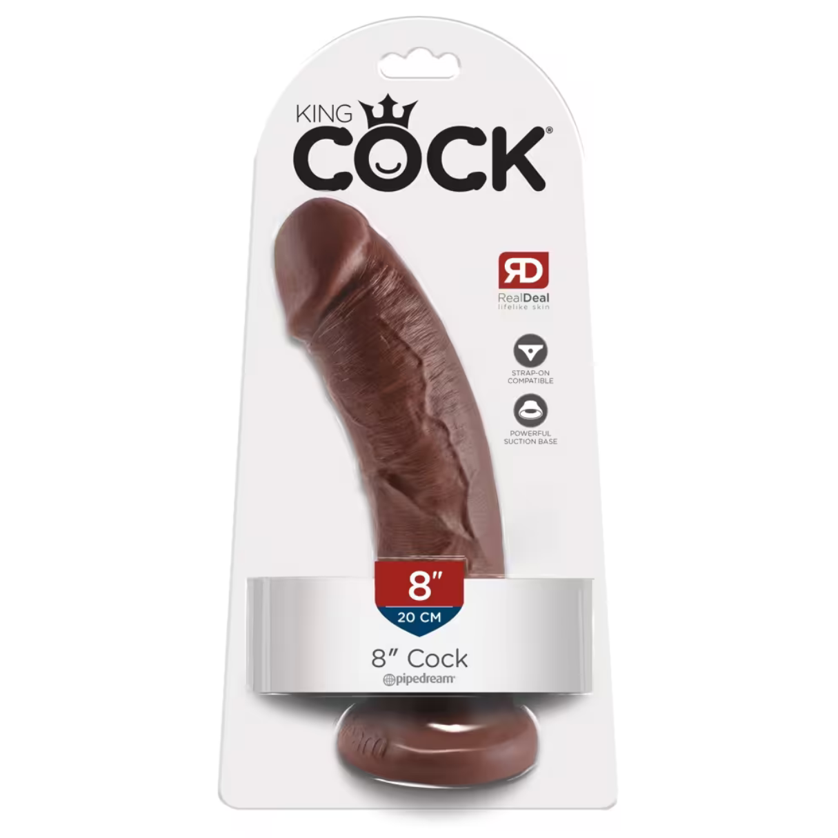 Männliches Sexspielzeug in Verpackung. Braune Farbe, mit dem Markennamen 'KING COCK'.