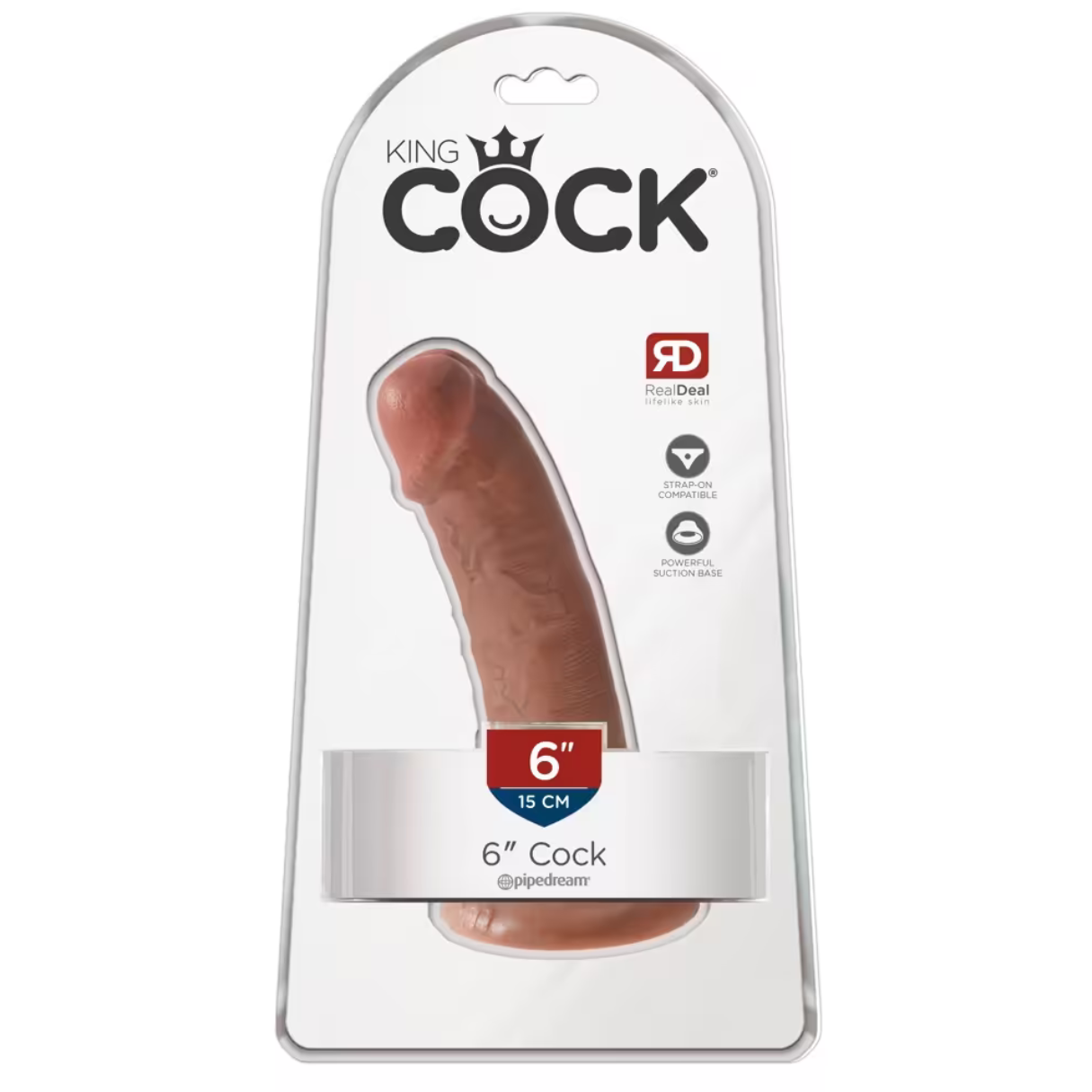 Ein brauner 6-Zoll-Dildo in der Verpackung. Die Verpackung trägt die Aufschrift 'King Cock' und 'RealDeal'. Er ist riemenkompatibel mit einem Saugfuß.