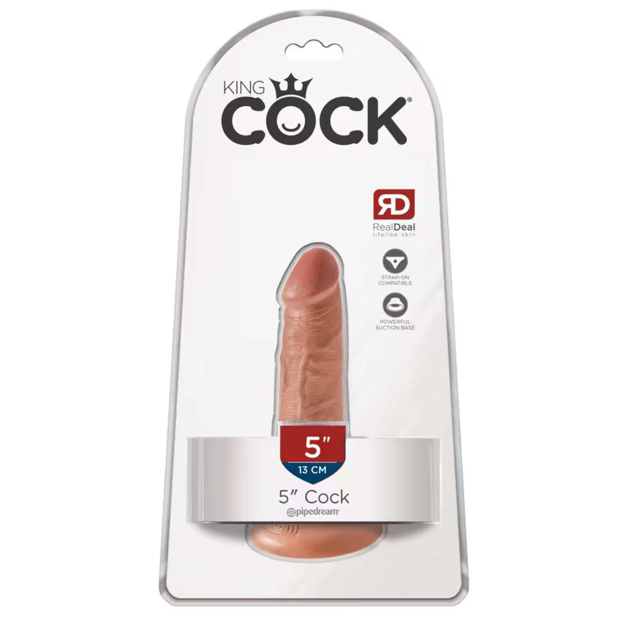 Ein fleischfarbener Dildo in der Verpackung. Die Verpackung trägt das Logo "King Cock" und Produktdetails, einschließlich der Größe (5 Zoll).