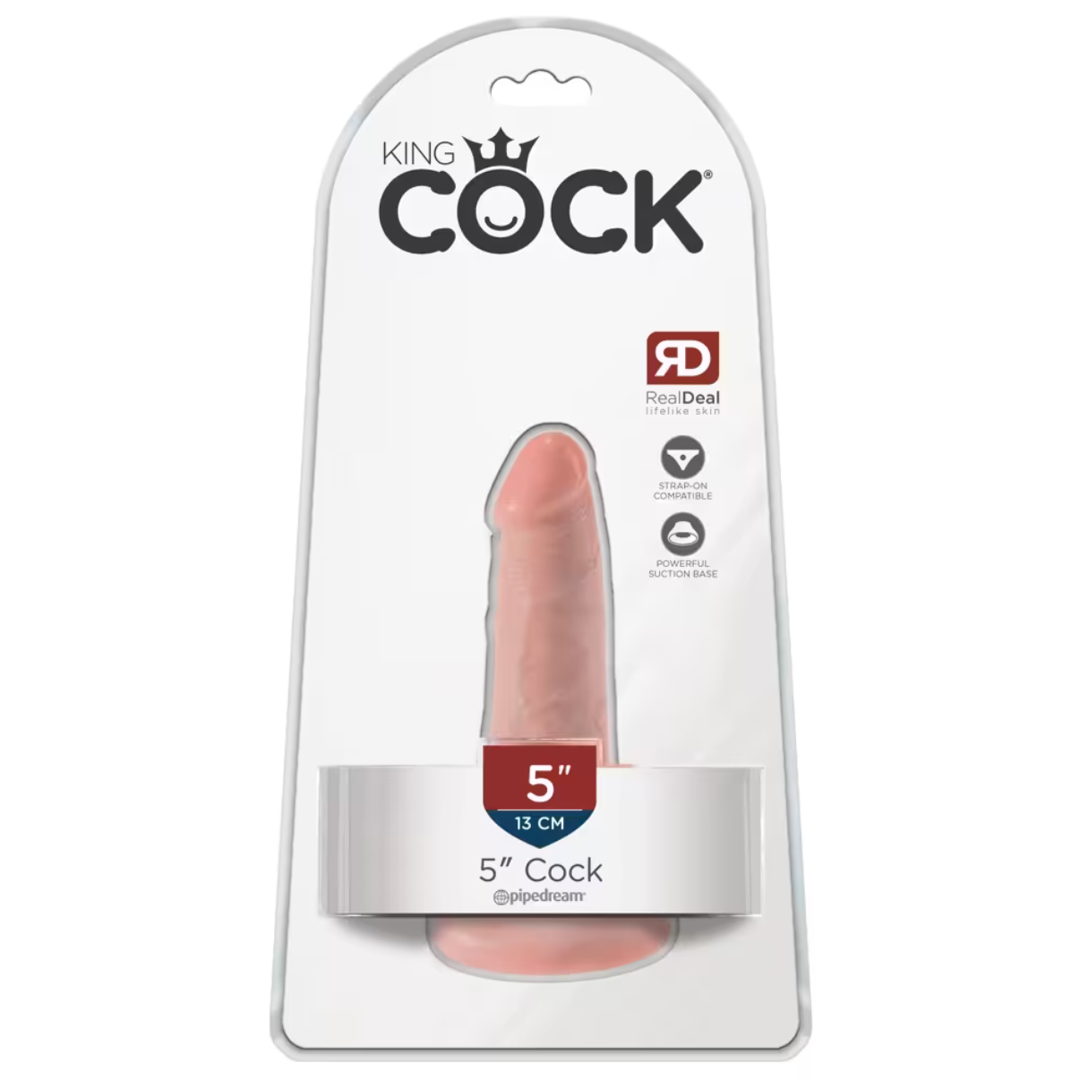 Ein rosa Dildo in einer Verpackung mit der Aufschrift 'King Cock'. Er ist 5 Zoll lang, kompatibel mit einem Strap-on und hat eine starke Saugbasis.