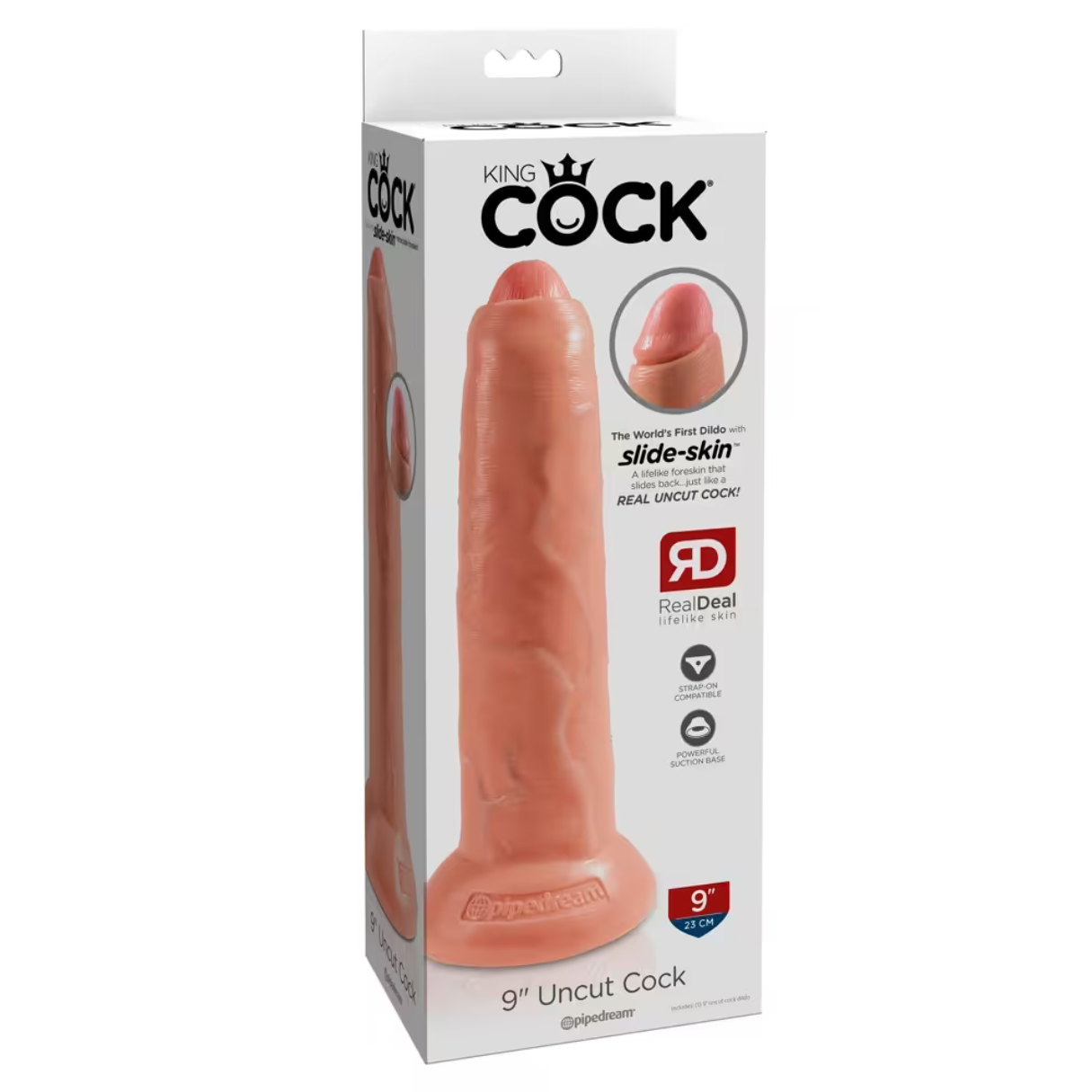 Eine Schachtel mit einem Dildo. Der Dildo ist fleischfarben, und auf der Schachtel steht "King Cock" und "9" Uncut Cock".